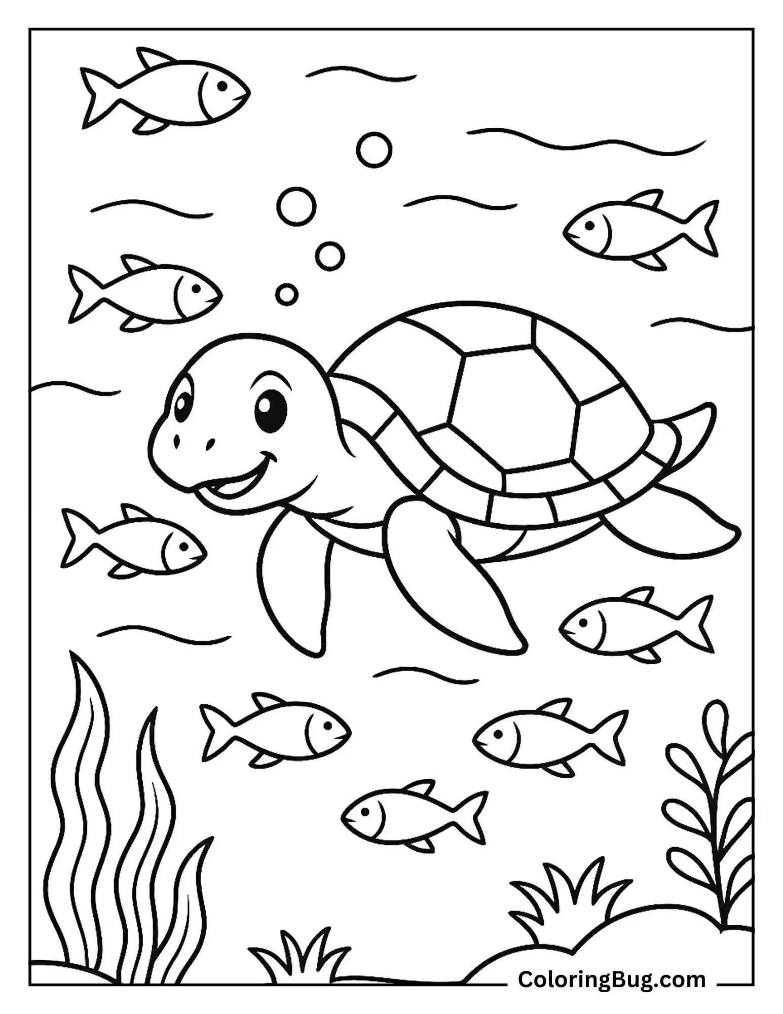 Turtle Swimming Under Water Coloring Sheet