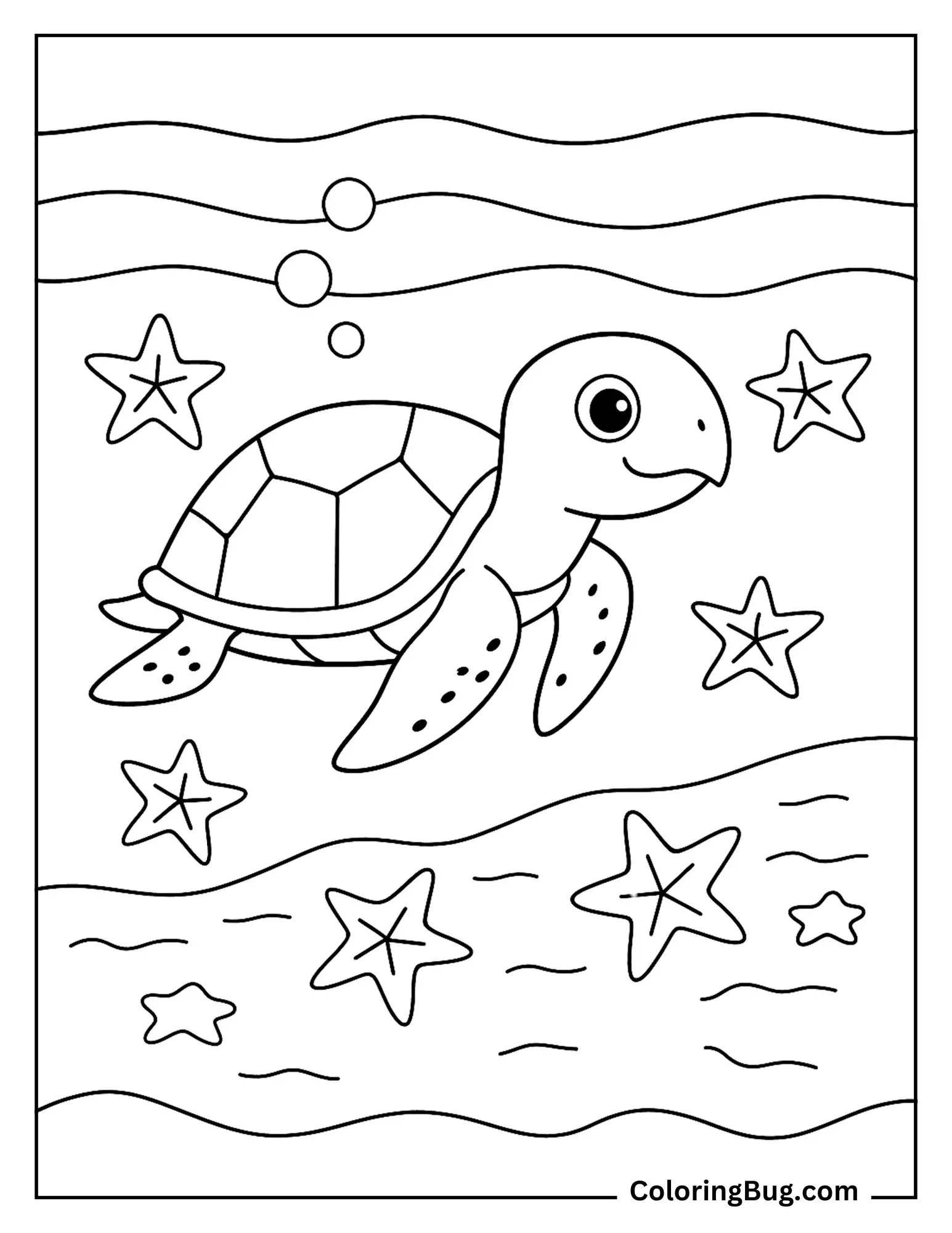Turtle Swimming Under Water With Star Fishes Coloring Sheet