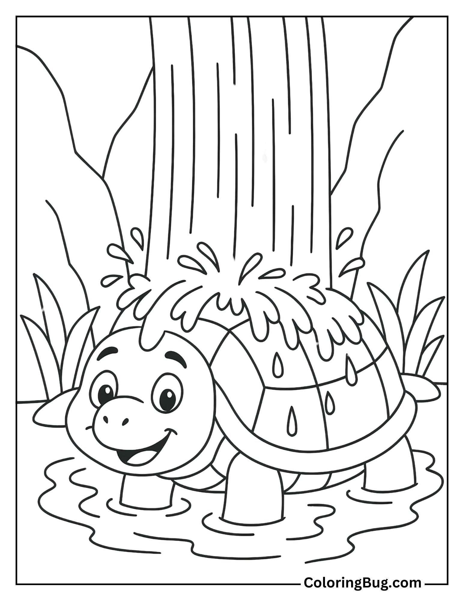 Turtle Under a Waterfall Coloring Sheet