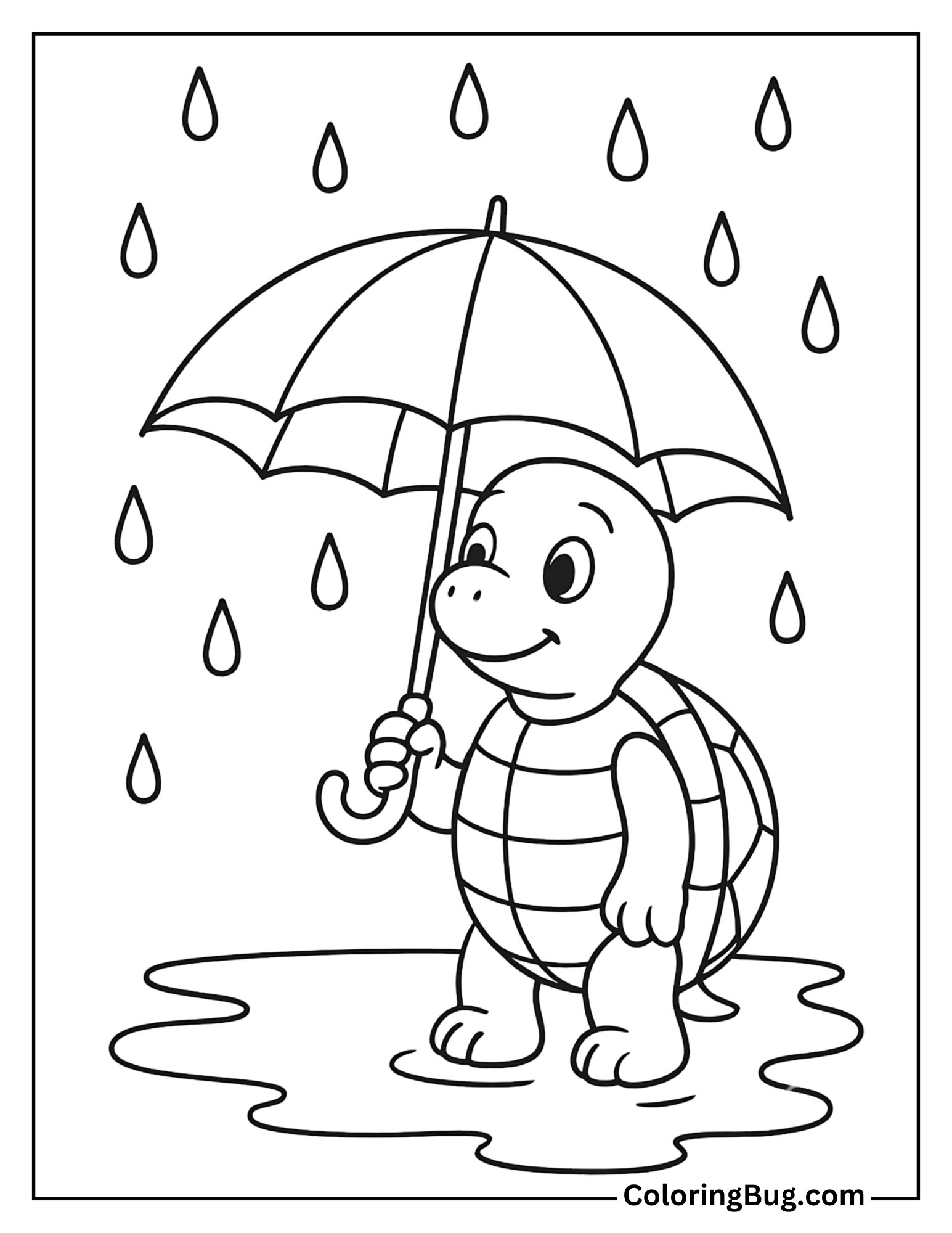Turtle Under an Umbrella During Rain Raindrops Falling Coloring Sheet