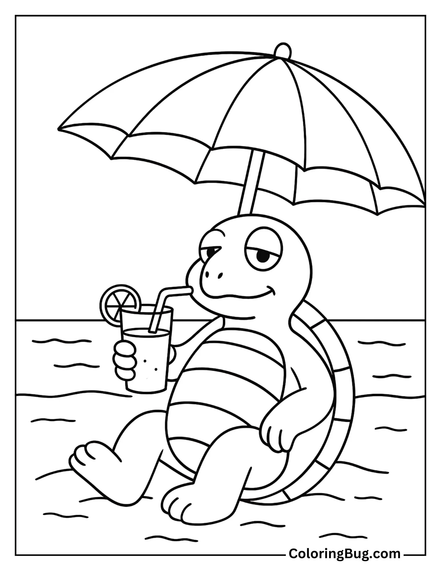 Turtle under an umbrella with a cold drink
