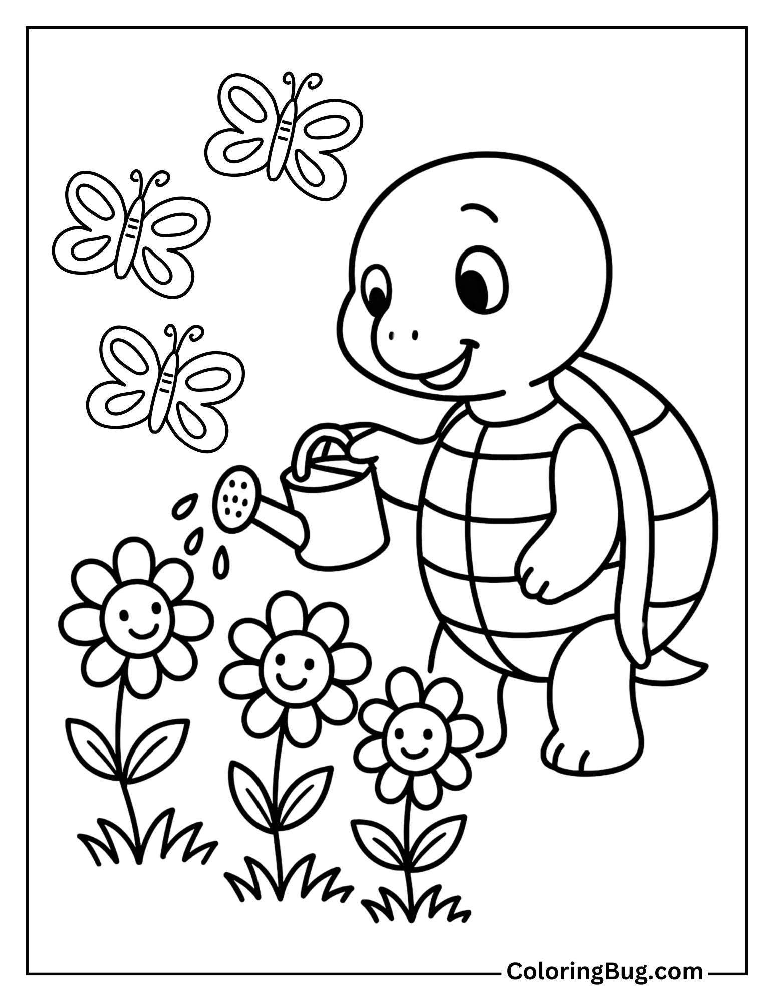 Turtle Watering Flowers Coloring Sheet