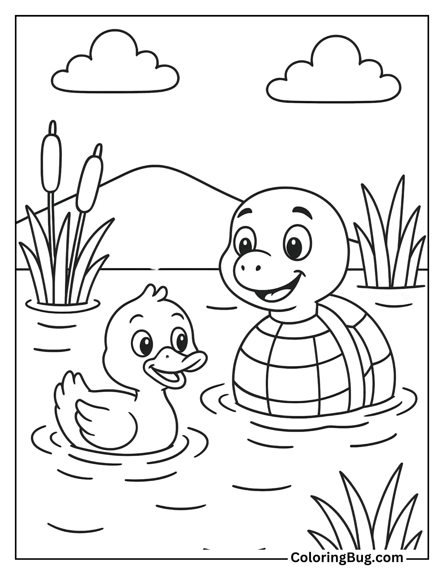Turtle and Duckling in a Pond Coloring Sheet