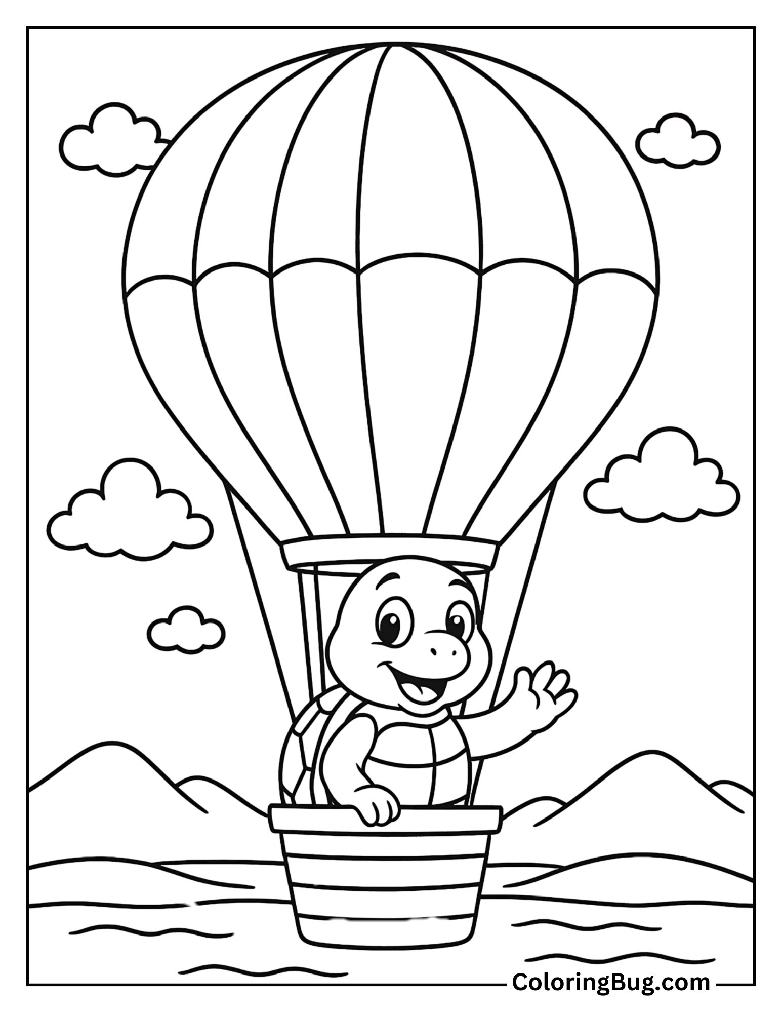 Turtle in a Hot Air Balloon Coloring Sheet