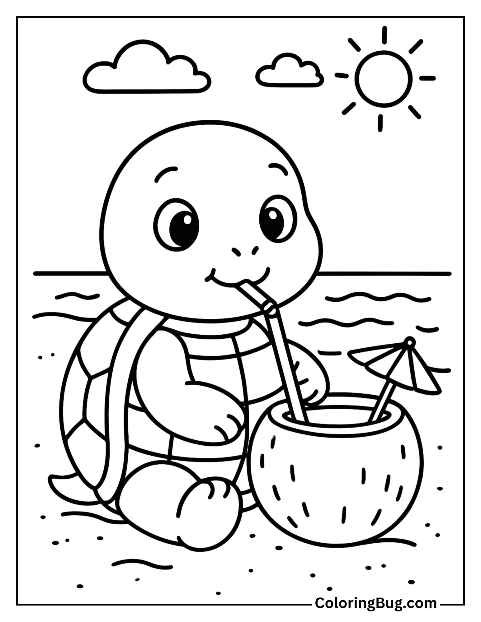 Turtle on Beach Sipping Juice Coloring Sheet