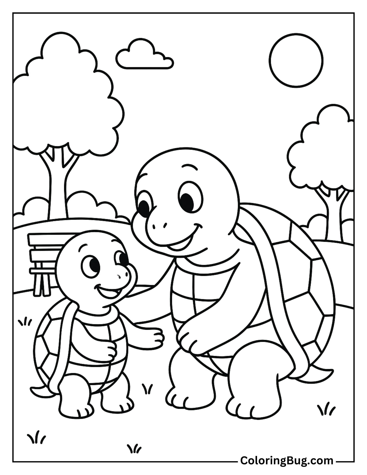 Turtle with Daddy Turtle in Park Coloring Sheet