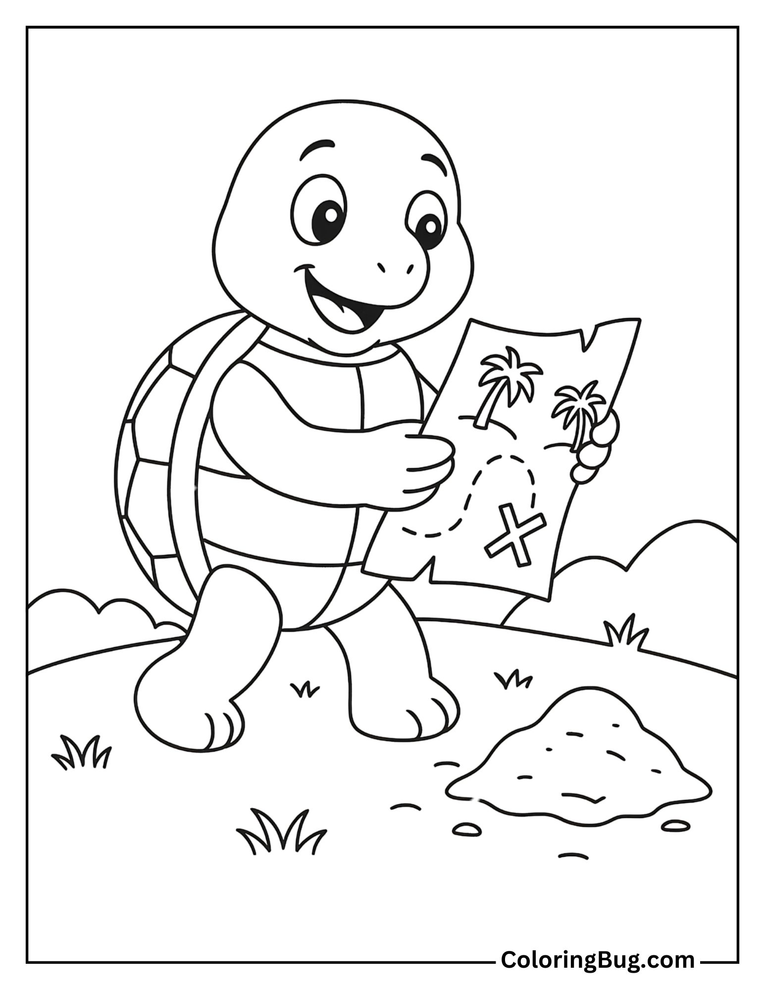 Turtle with a Map on a Treasure Hunt Coloring Sheet