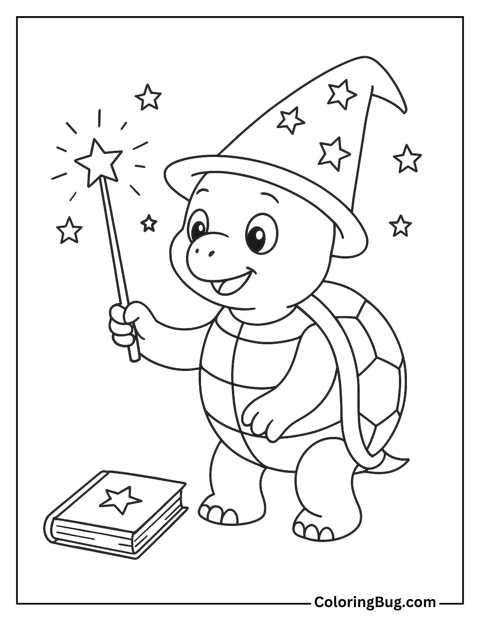 Turtle with a Wizard Hat and Wand Coloring Sheet