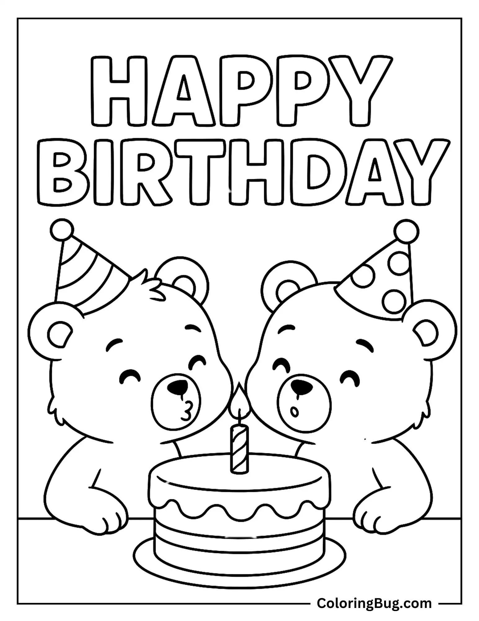 Two Bear Cubs Blowing Out Candles Together Coloring Sheet