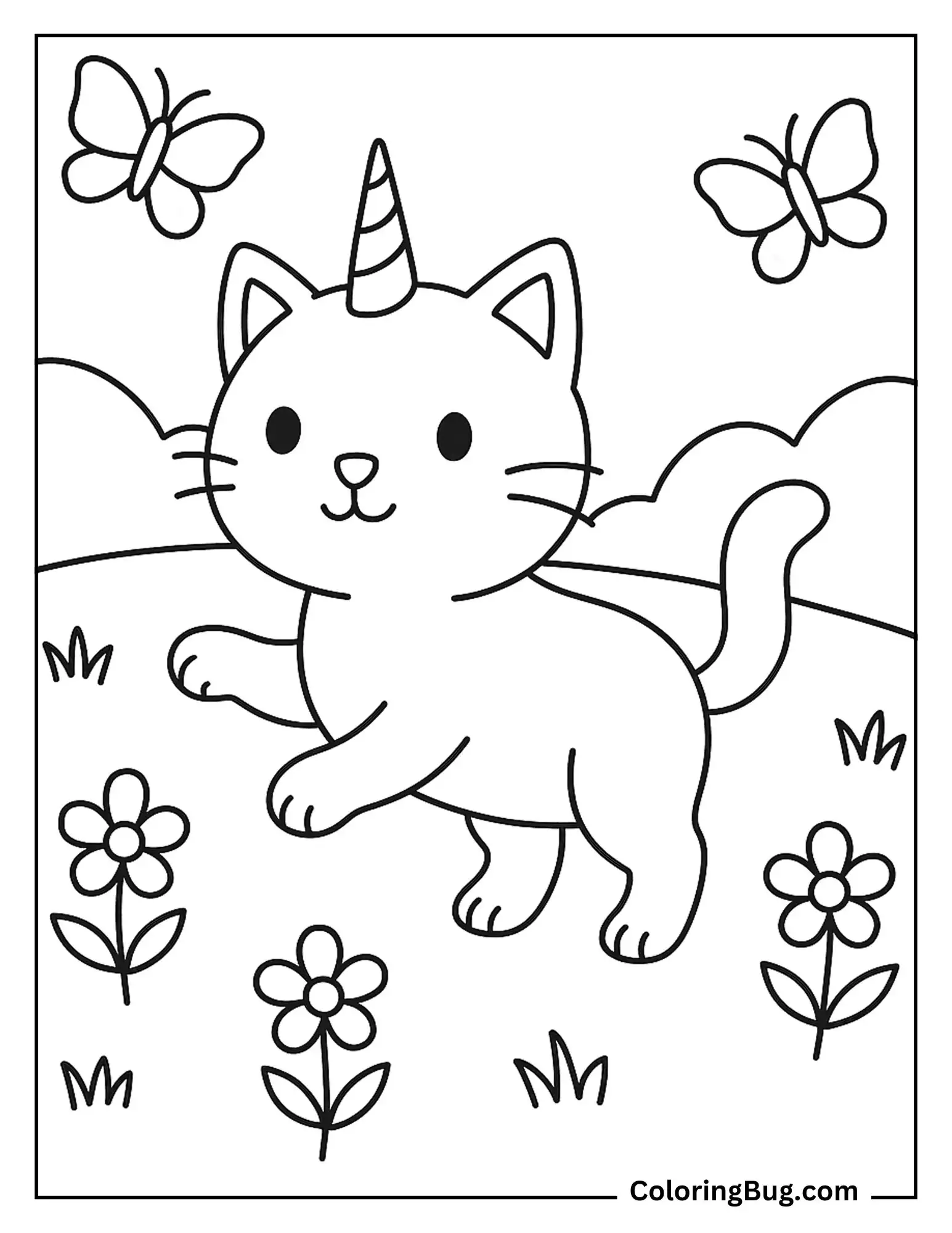 Unicorn Cat Chasing a Butterflies Coloring Sheet
