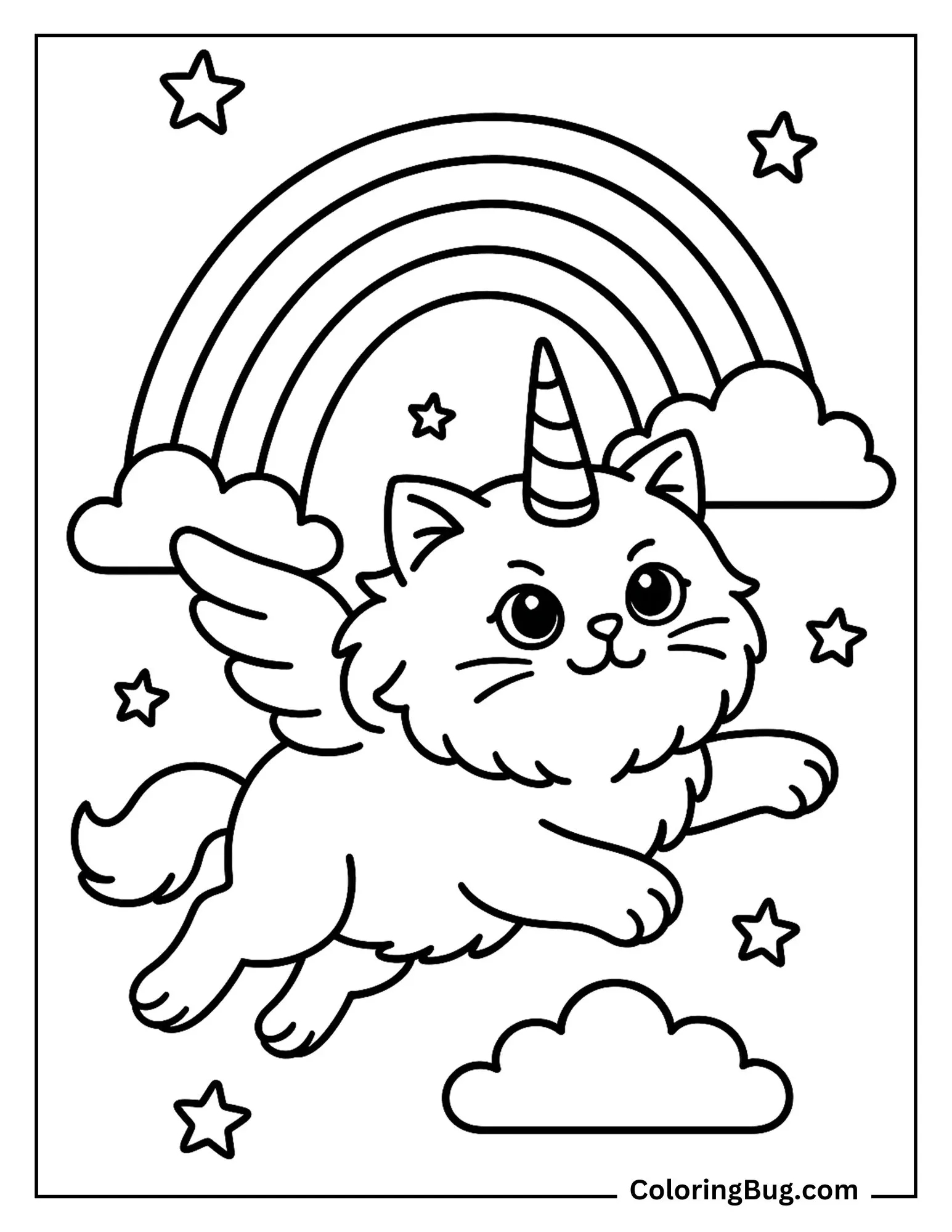 Unicorn Cat Flying Coloring Sheet