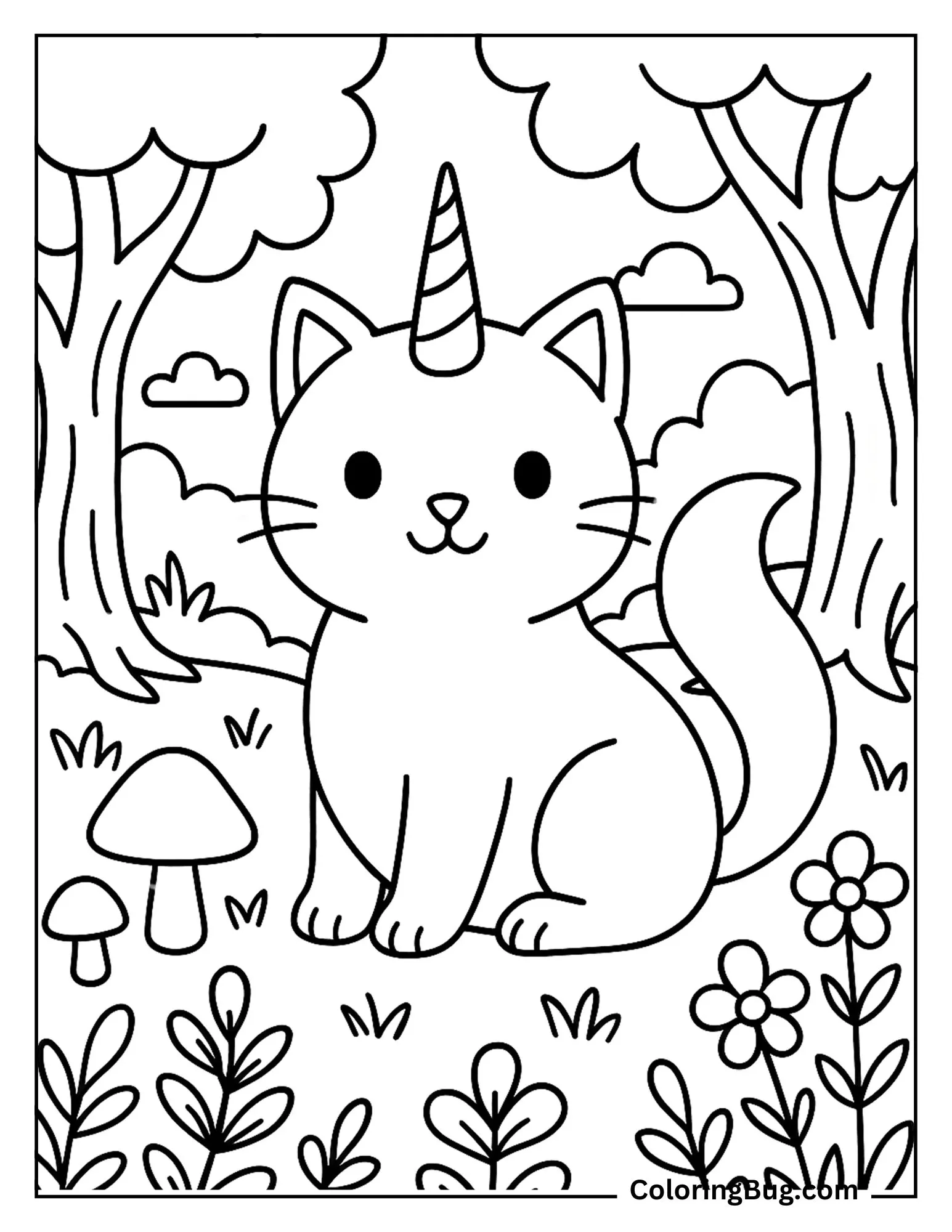 Unicorn Cat Sitting in Enchanted Forest Coloring Sheet