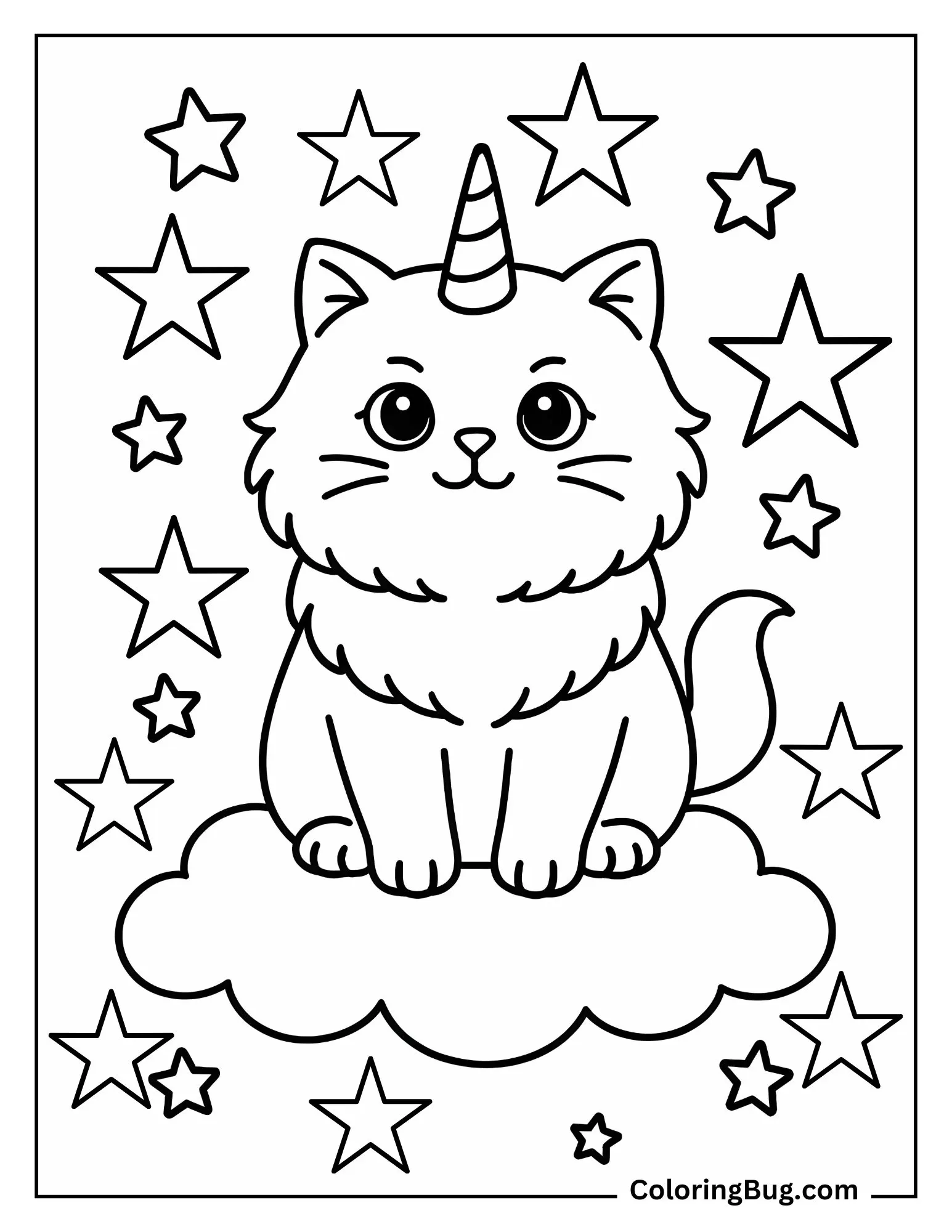 Unicorn Cat Sitting on Cloud Surrounded By Stars Coloring Sheet
