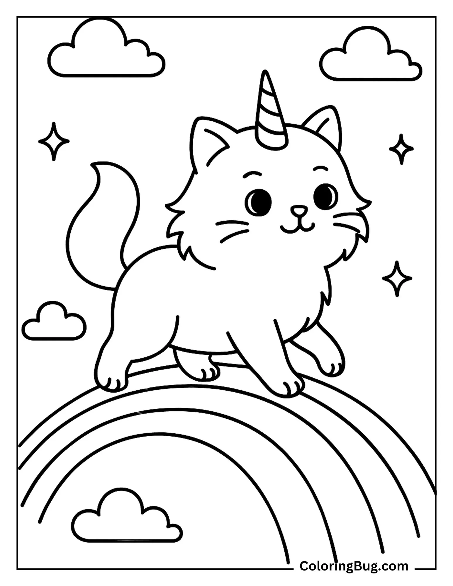 Unicorn Cat Walking Across a Rainbow Bridge Coloring Sheet