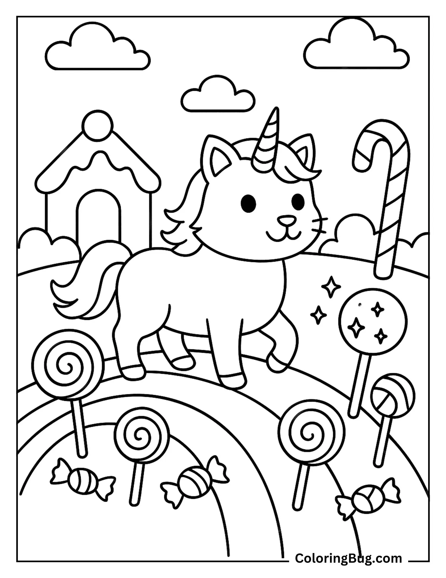 Unicorn Cat in Candyland Coloring Sheet