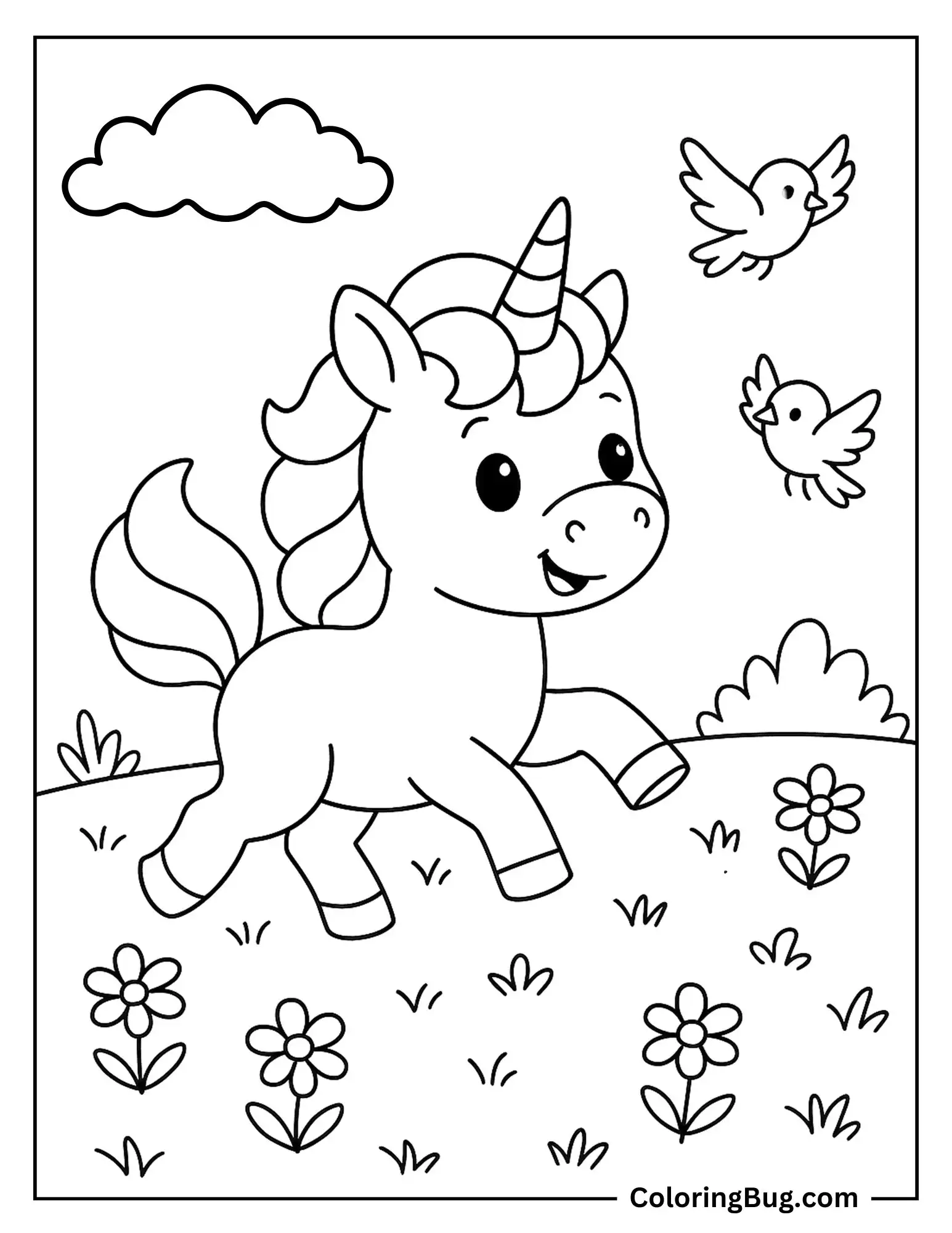 Unicorn Chasing Birds in Meadow Coloring Sheet