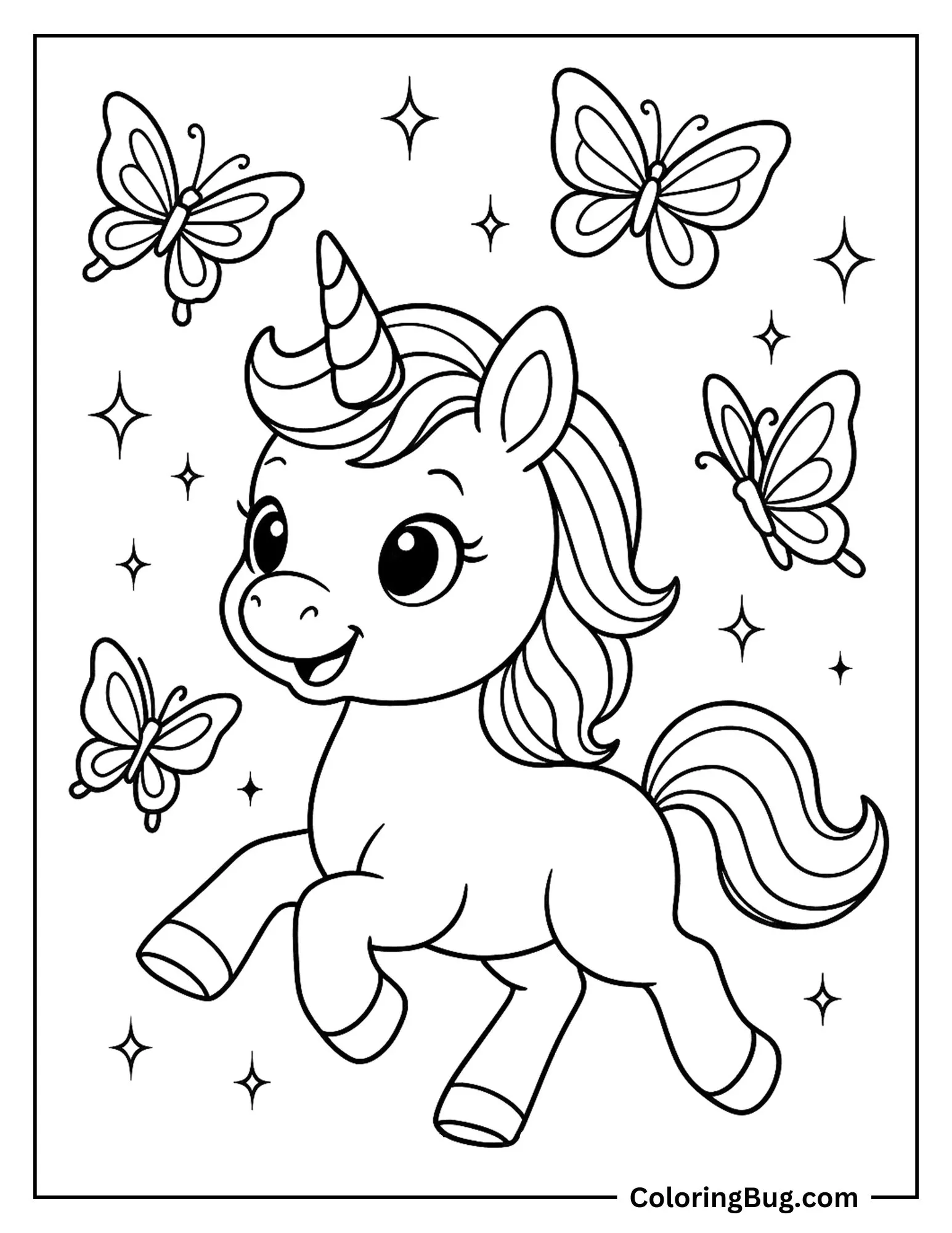 Unicorn Chasing Butterflies Coloring Sheet