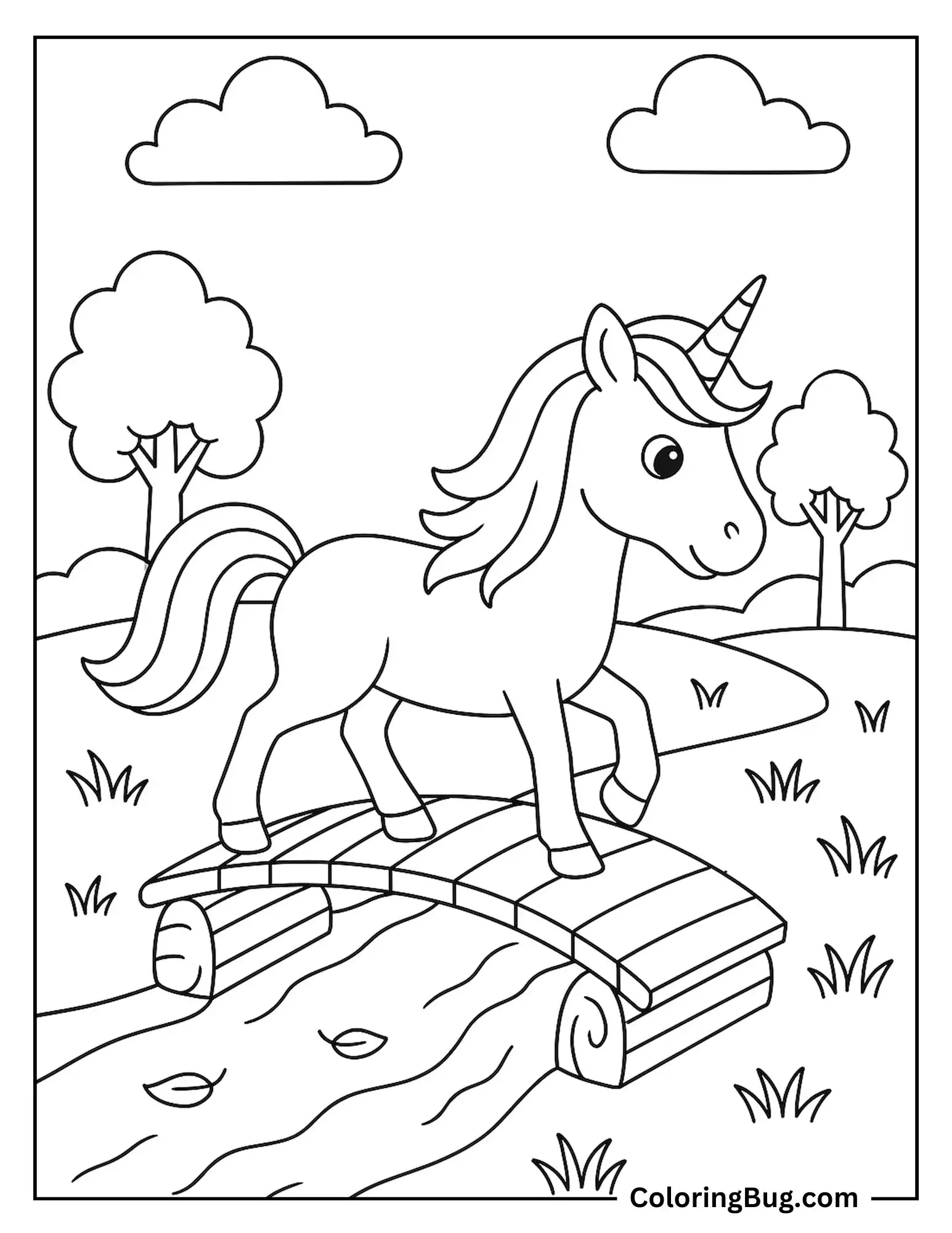 Unicorn Crossing Wooden Bridge Coloring Sheet