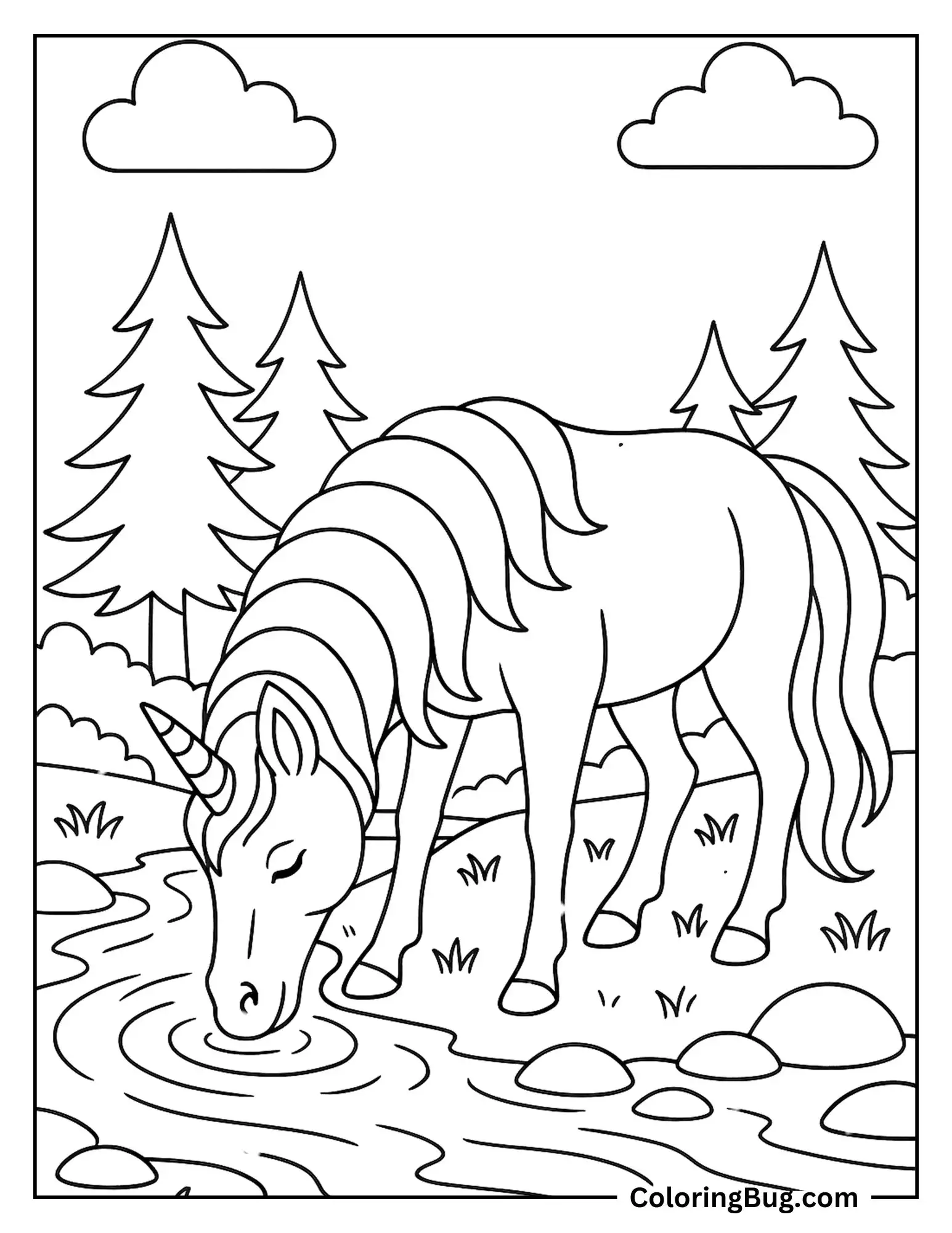 Unicorn Drinking Cool Water From a Clear Forest Stream Coloring Sheet