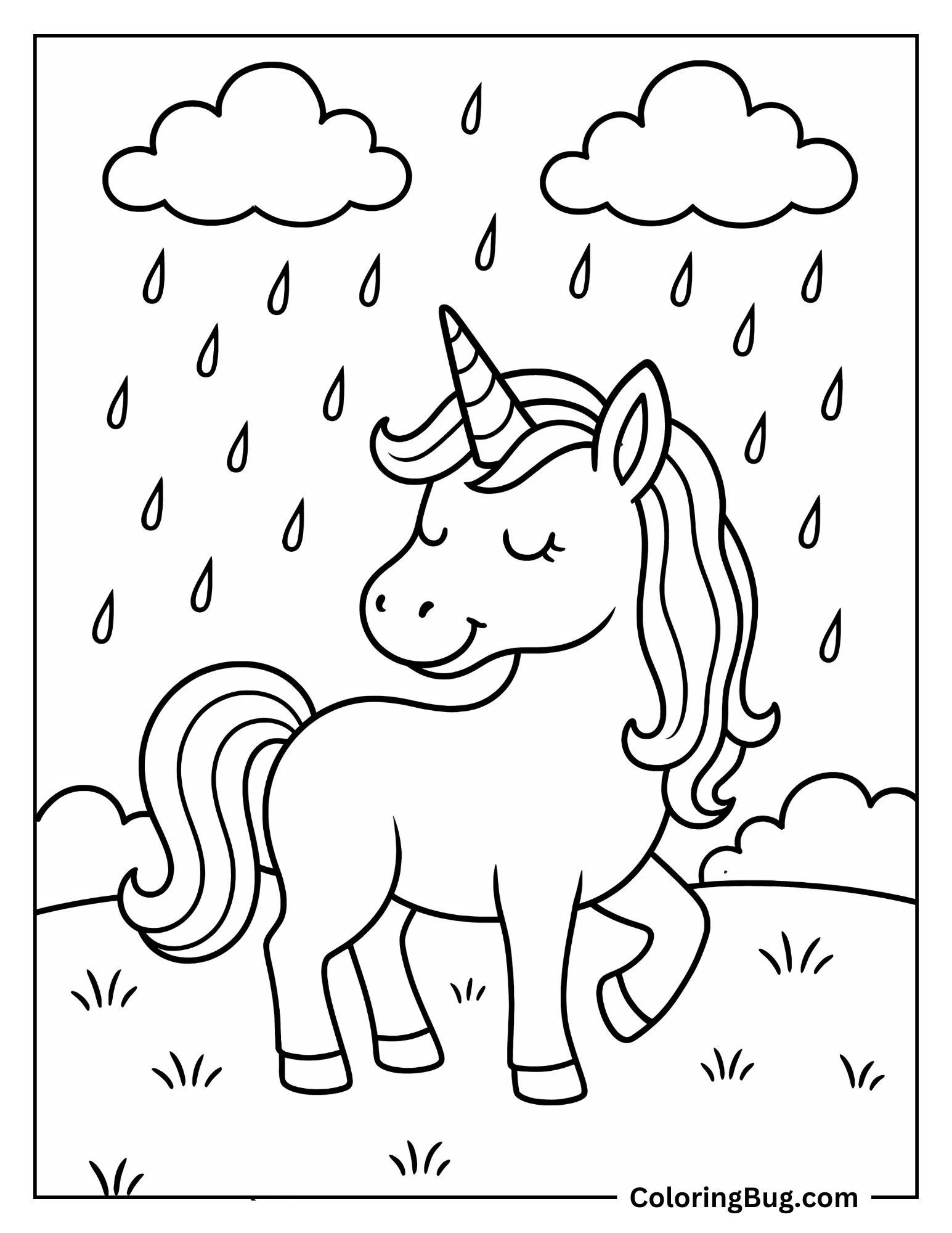 Unicorn Enjoying Rain Coloring Sheet