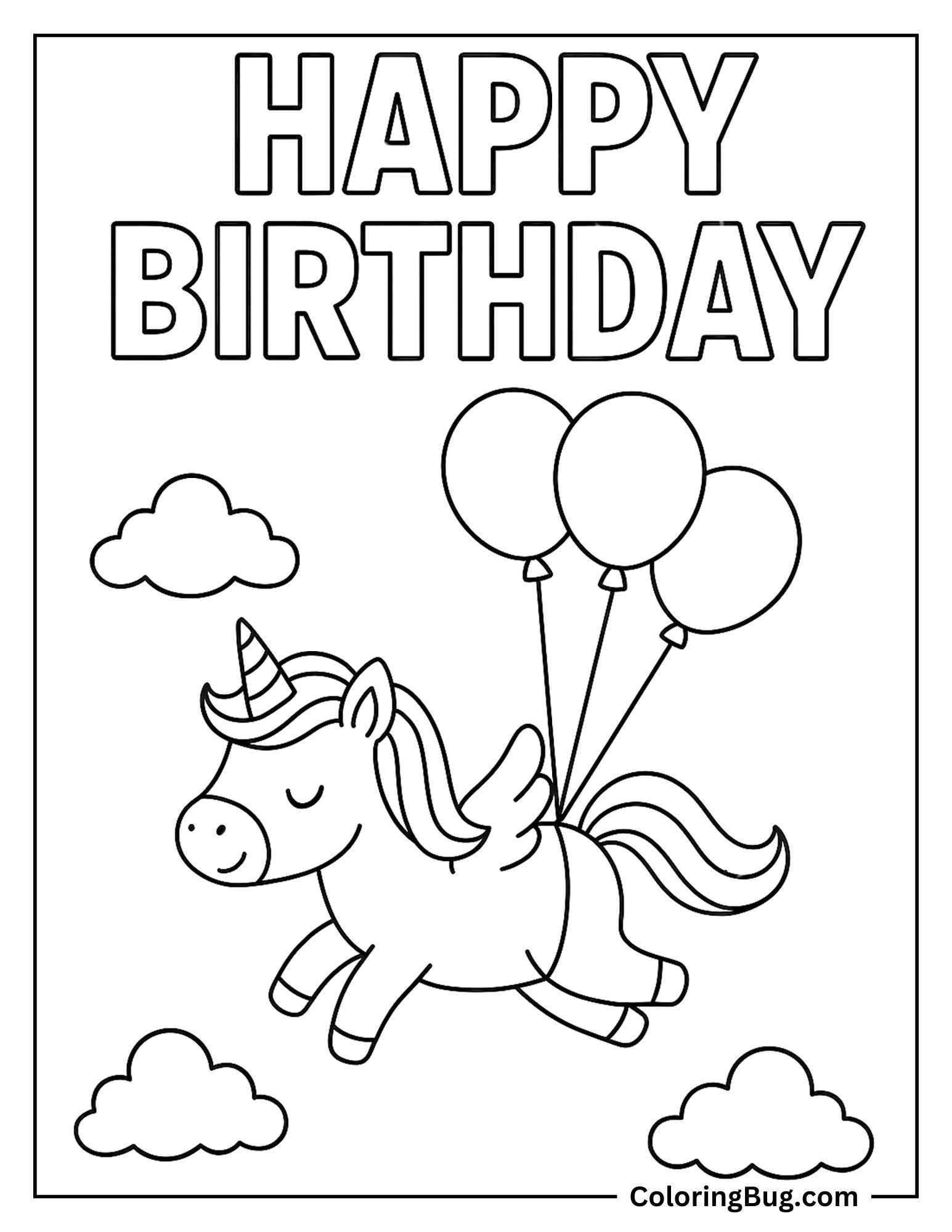 Unicorn Floating in Sky With Balloons Coloring Sheet
