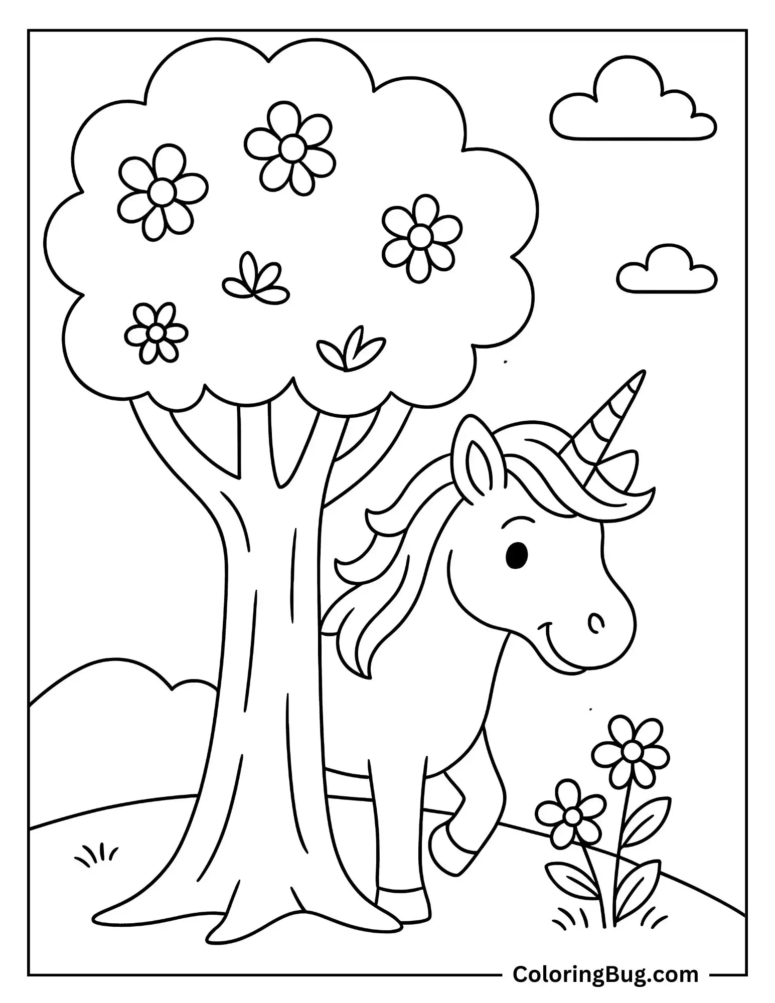 Unicorn Hiding Behind Tree Coloring Sheet