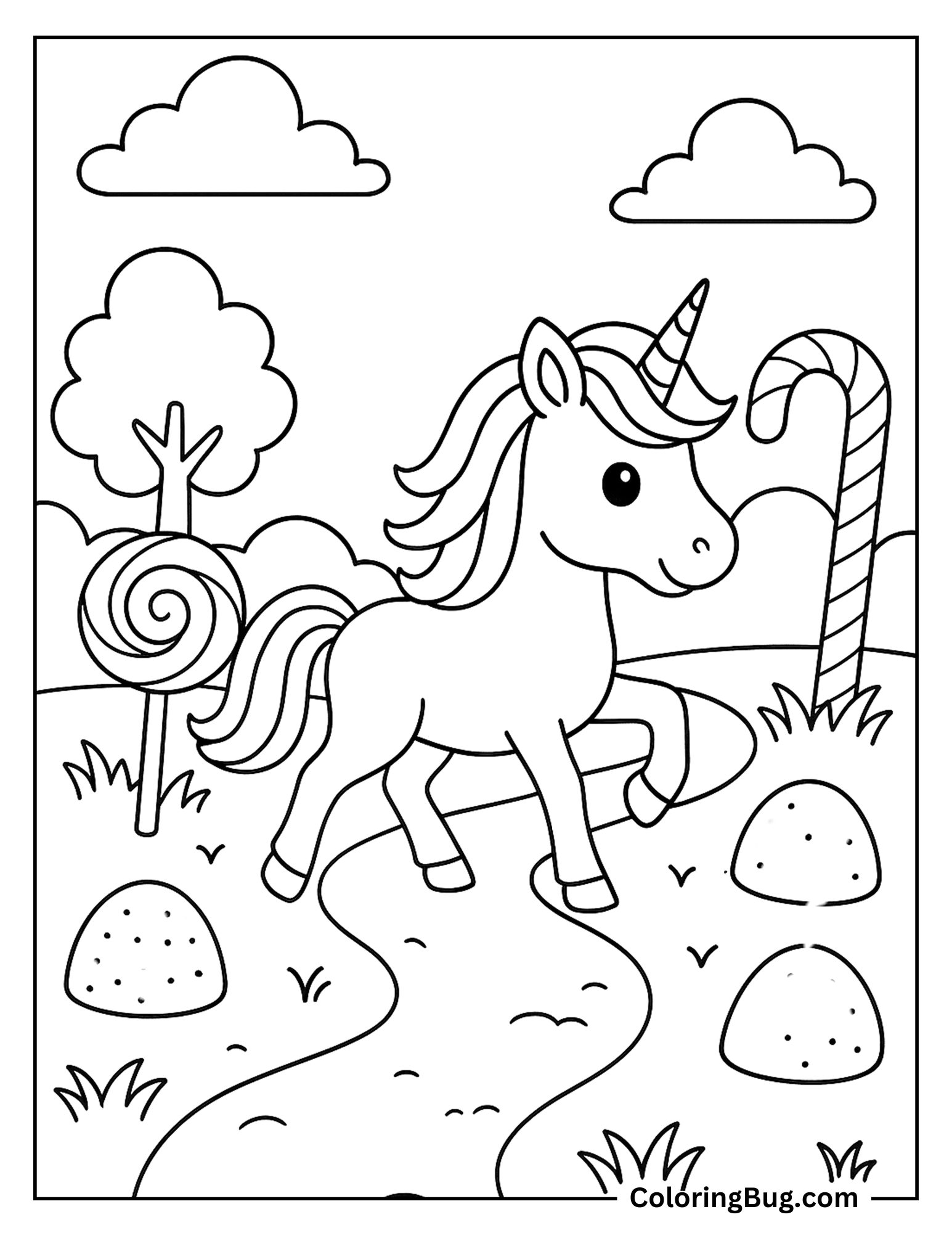 Unicorn In Candyland Coloring Sheet
