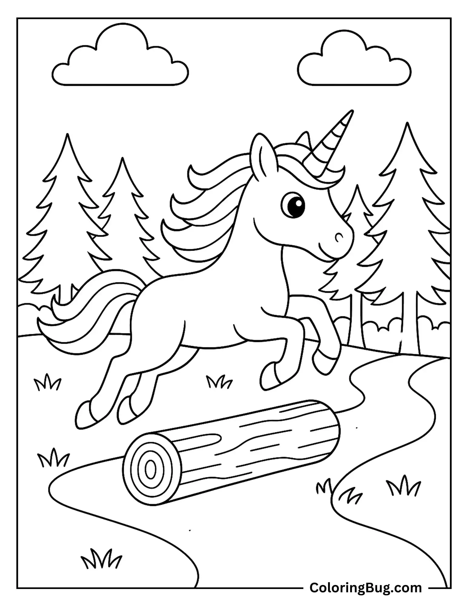 Unicorn Jumping Over Log Coloring Sheet