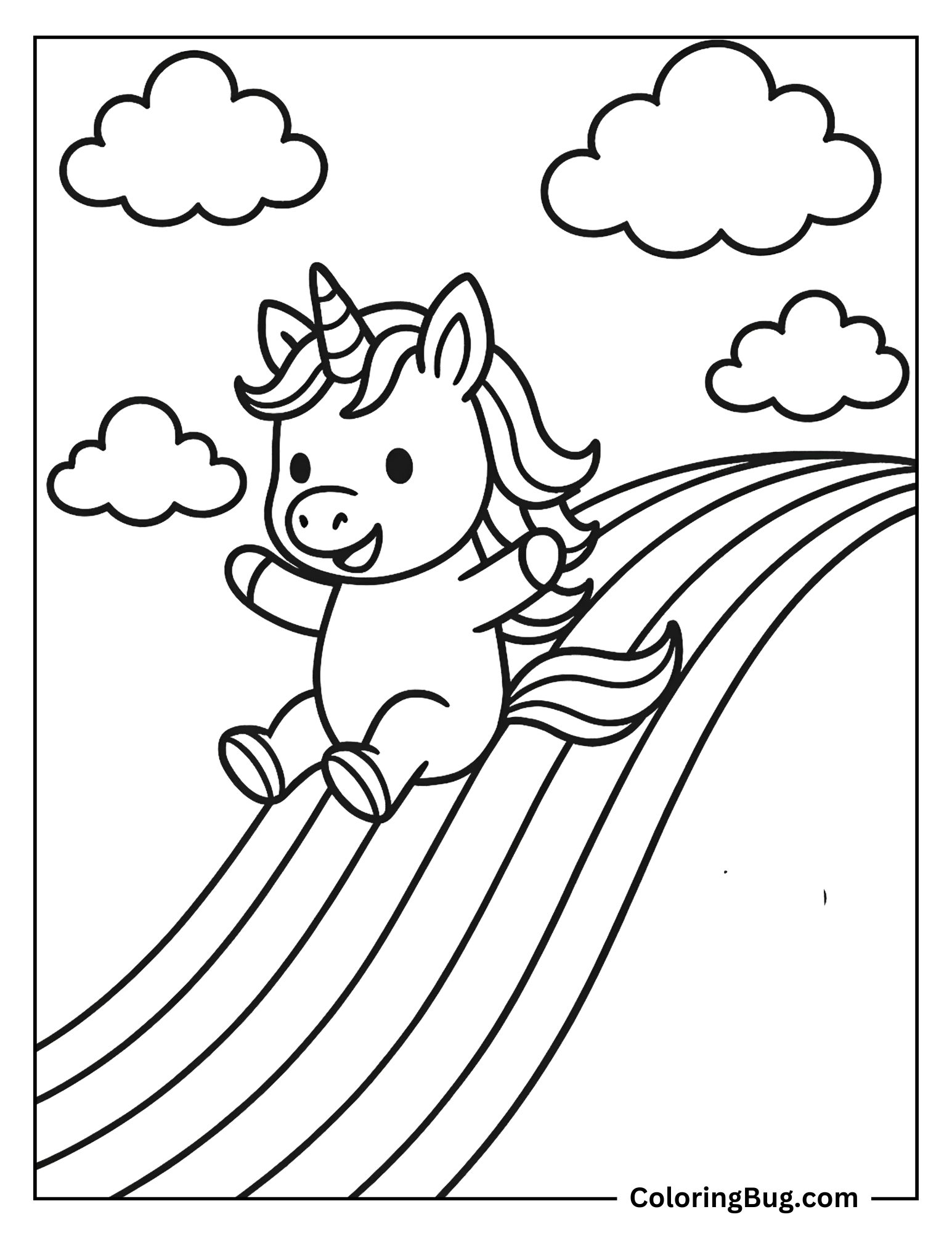Unicorn Sliding Down a Rainbow Slide Coloring Sheet