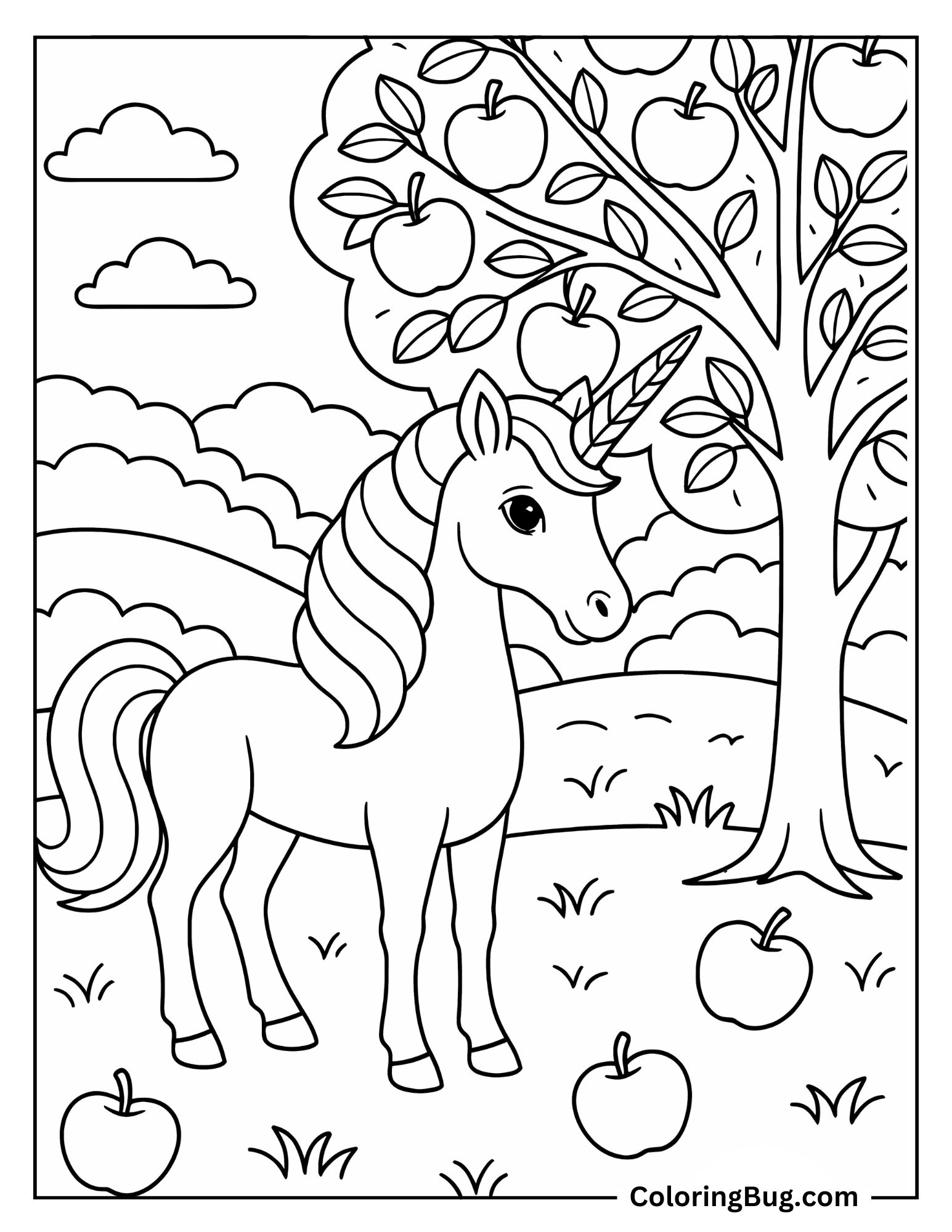 Unicorn Standing Near Magical Apple Tree Coloring Sheet