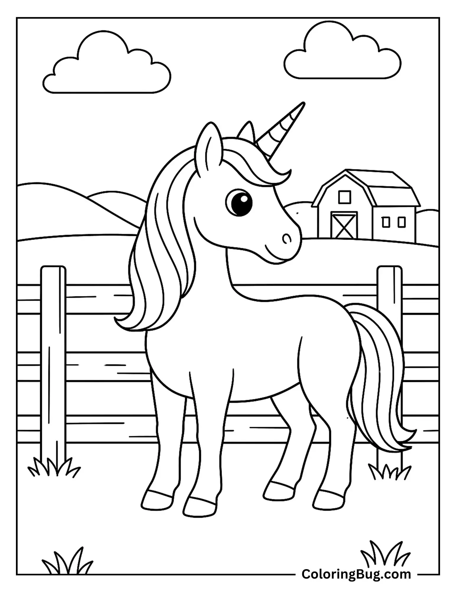 Unicorn Standing Near Wooden Fence Coloring Sheet