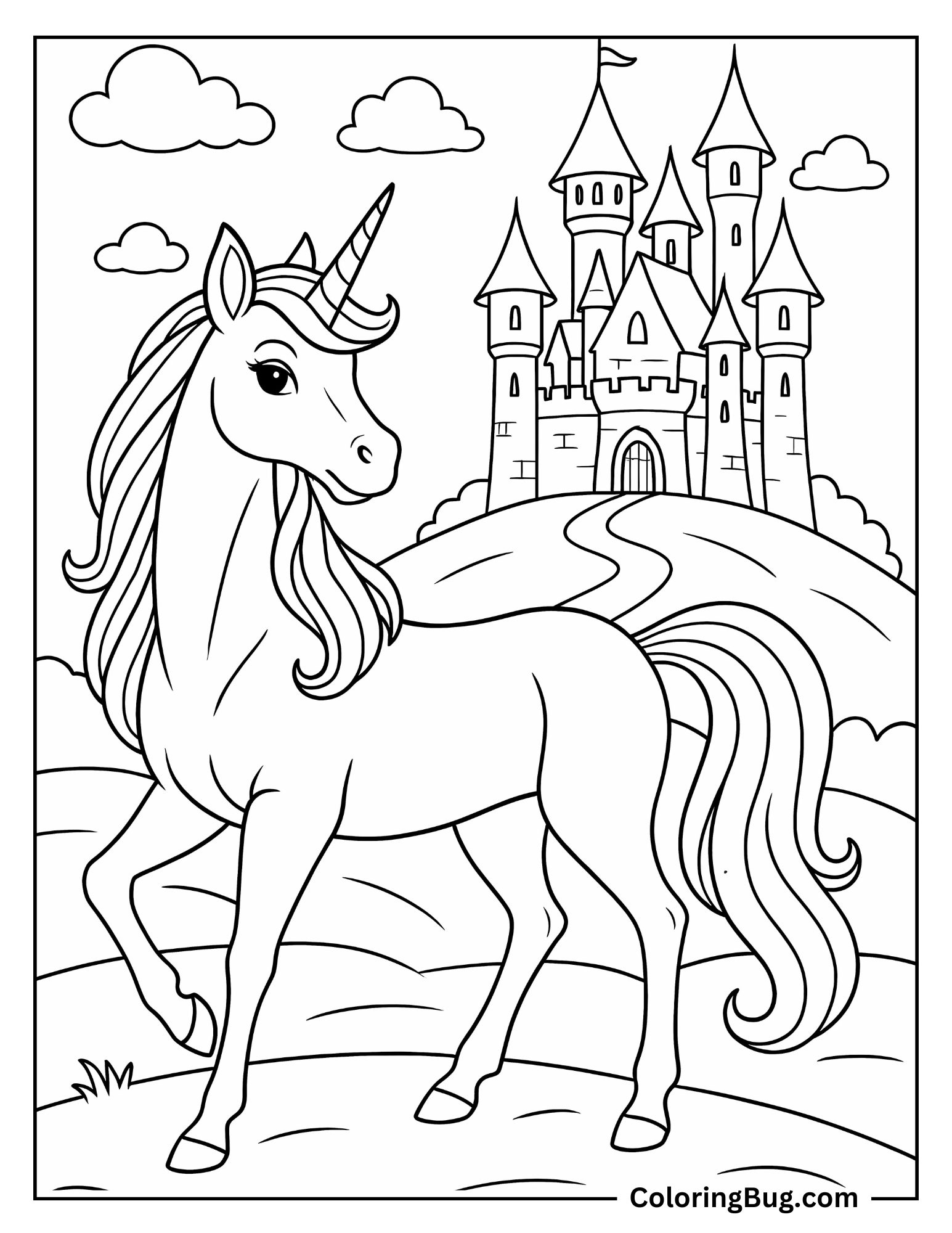 Unicorn Standing Proudly in Front of a Fairy-Tale Castle on a Hill Coloring Sheet