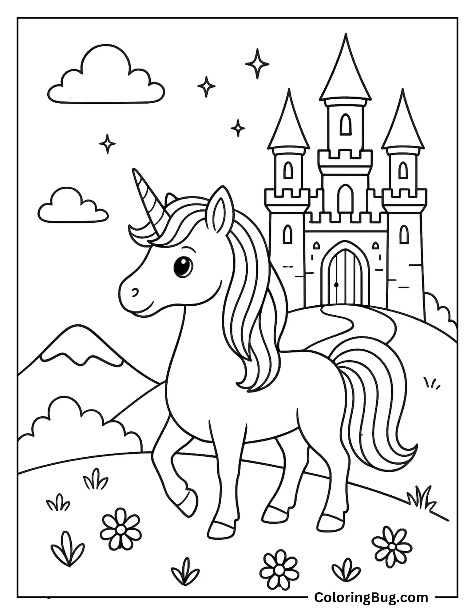 Unicorn Standing in Front of Castle Coloring Sheet
