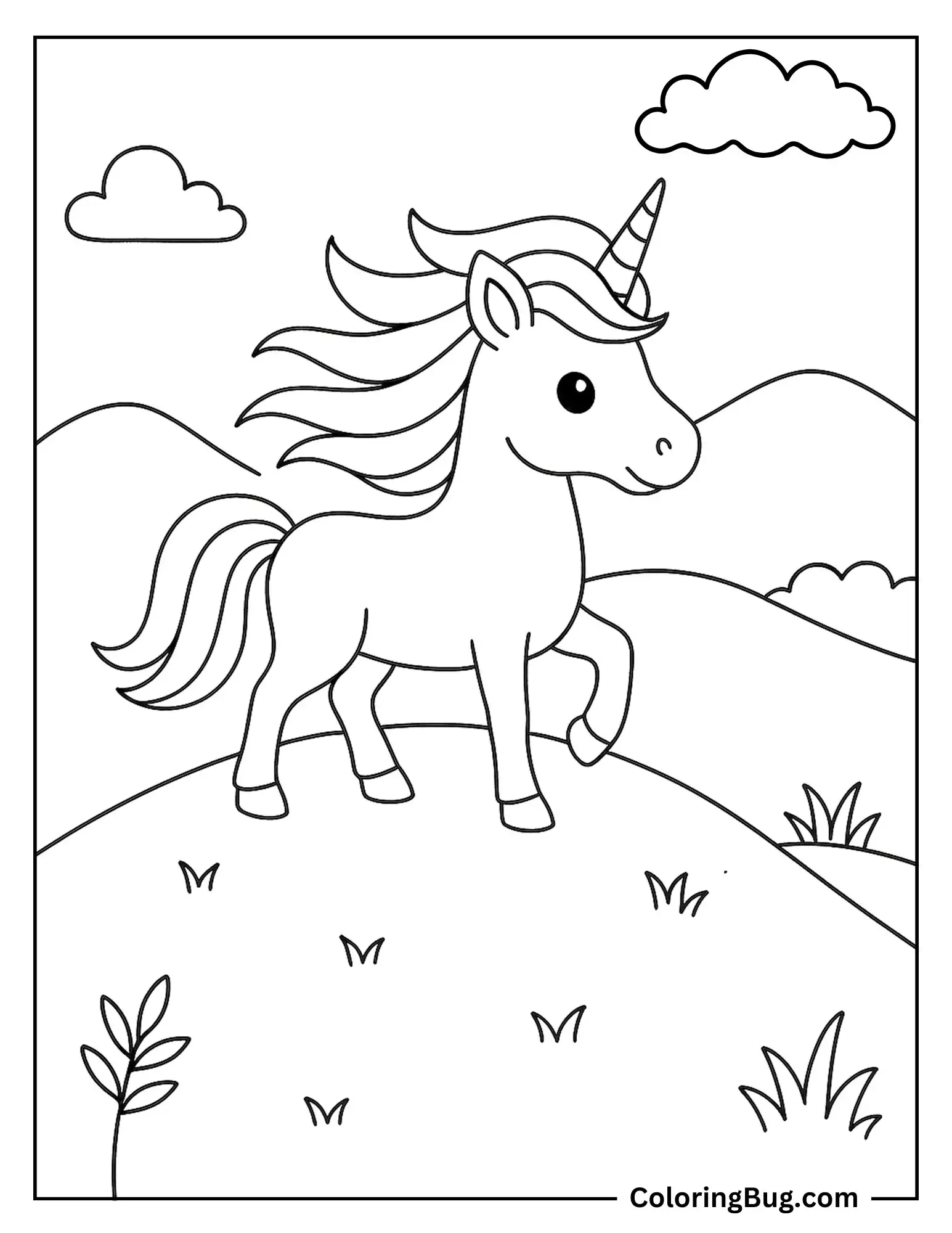 Unicorn Standing on Hilltop During Breeze Coloring Sheet
