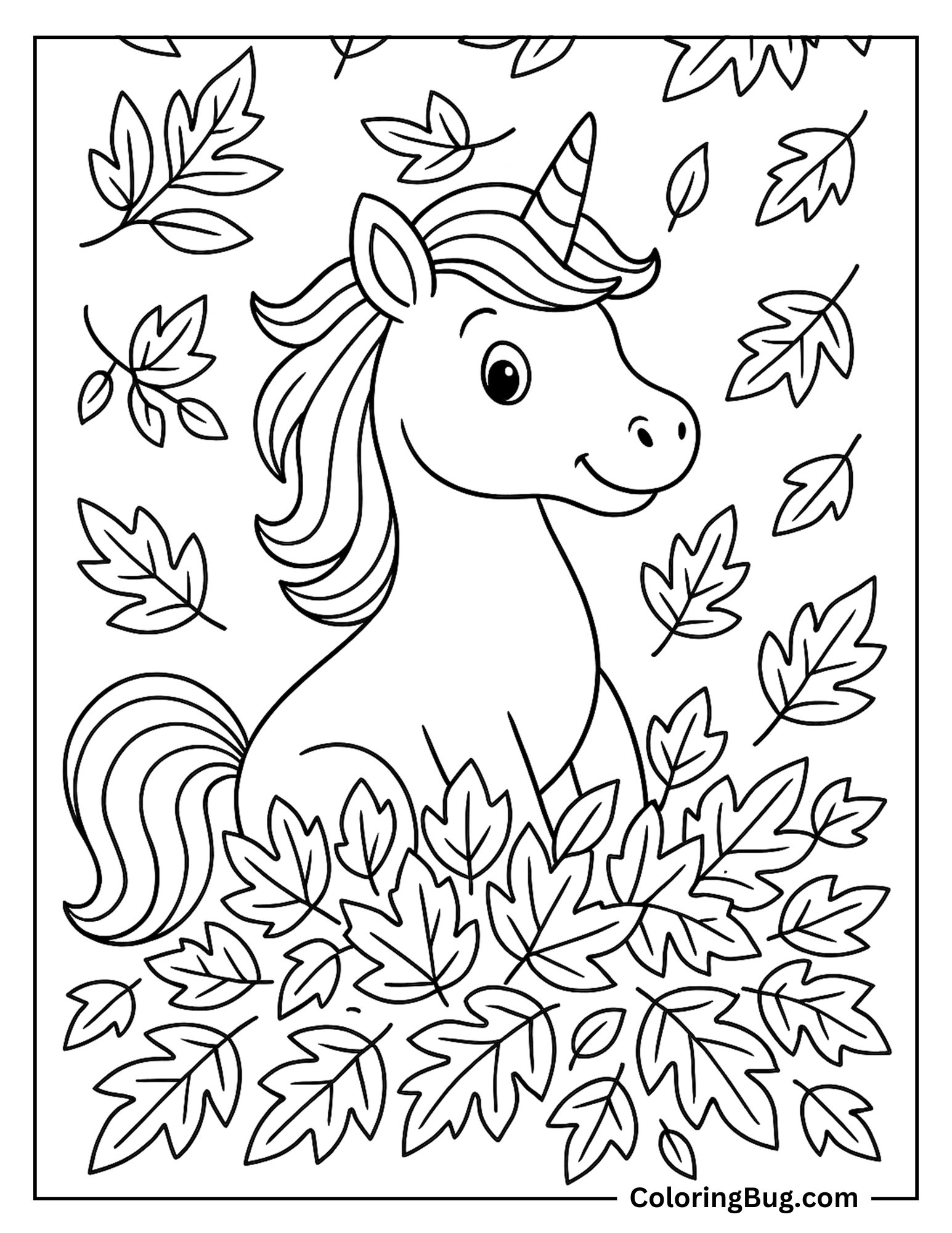 Unicorn Surrounded By Autumn Leaves Coloring Sheet
