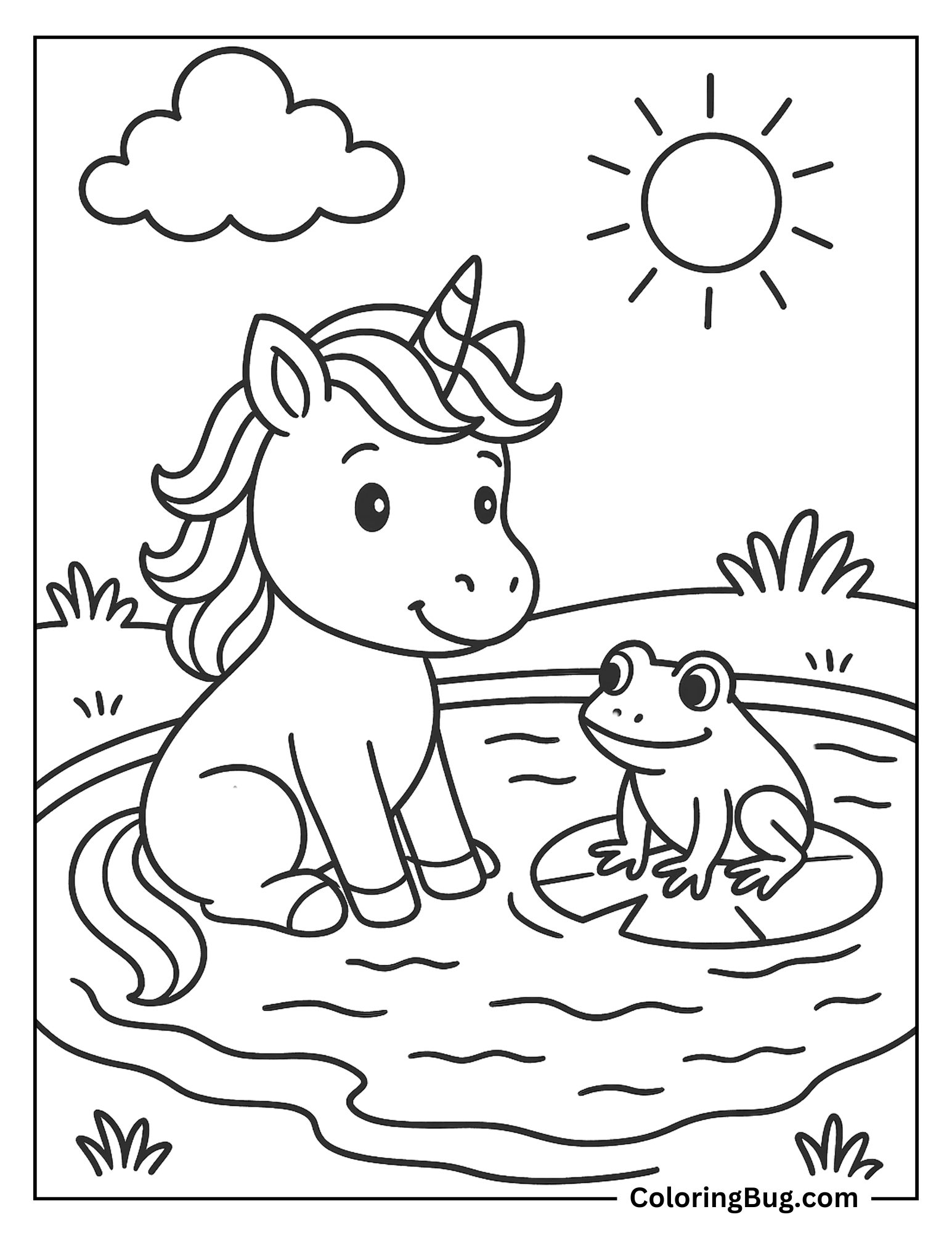 Unicorn With Frog in a Pond Coloring Sheet