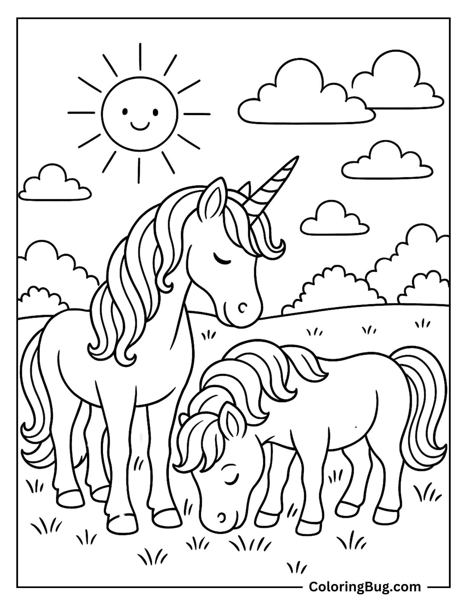 Unicorn With Little Pony in Sunny Meadow Coloring Sheet