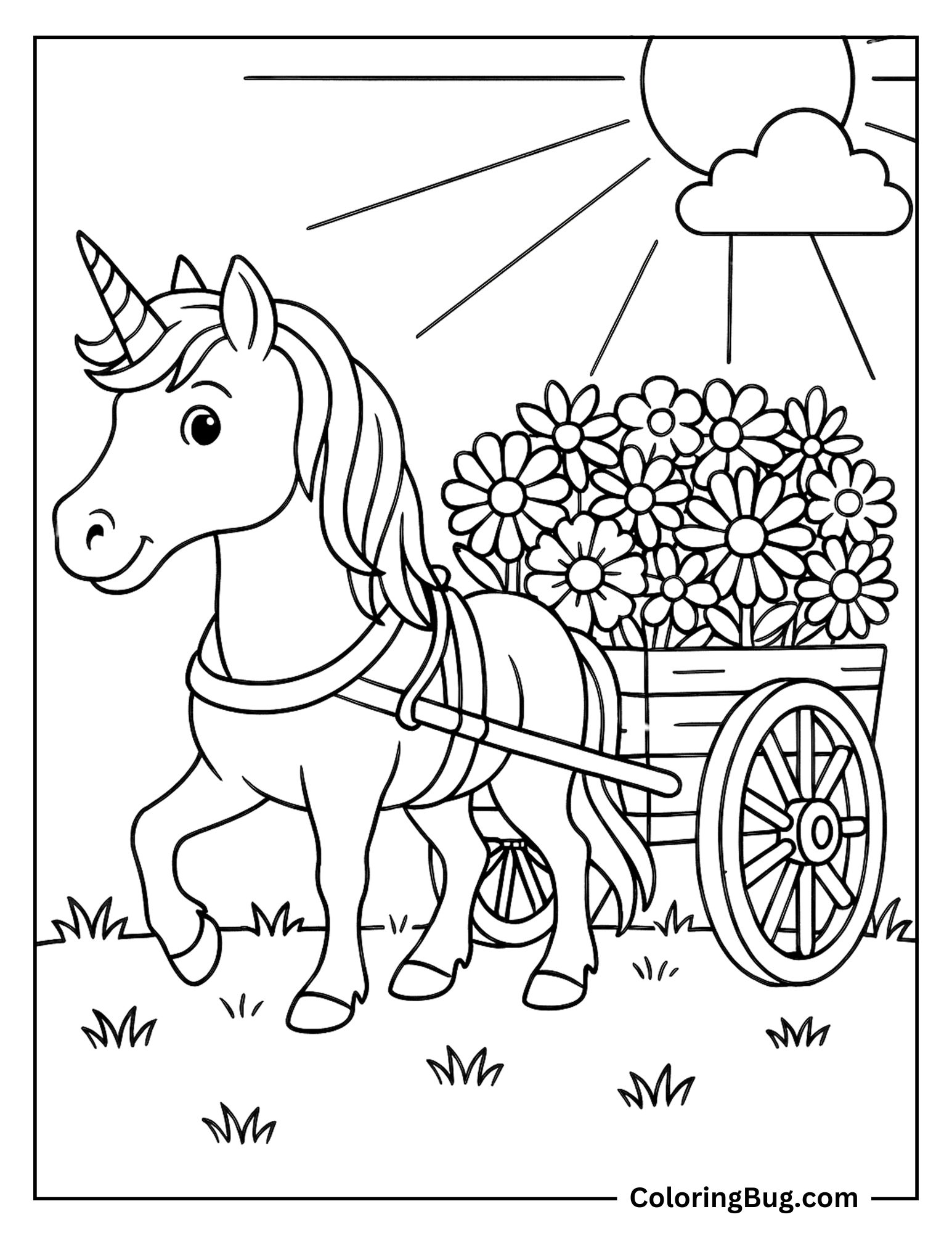 Unicorn and a Wagon of Flowers Coloring Sheet