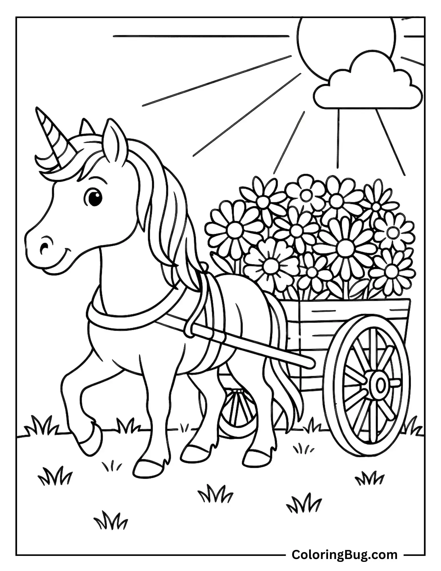 Unicorn and a Wagon of Flowers Coloring Sheet