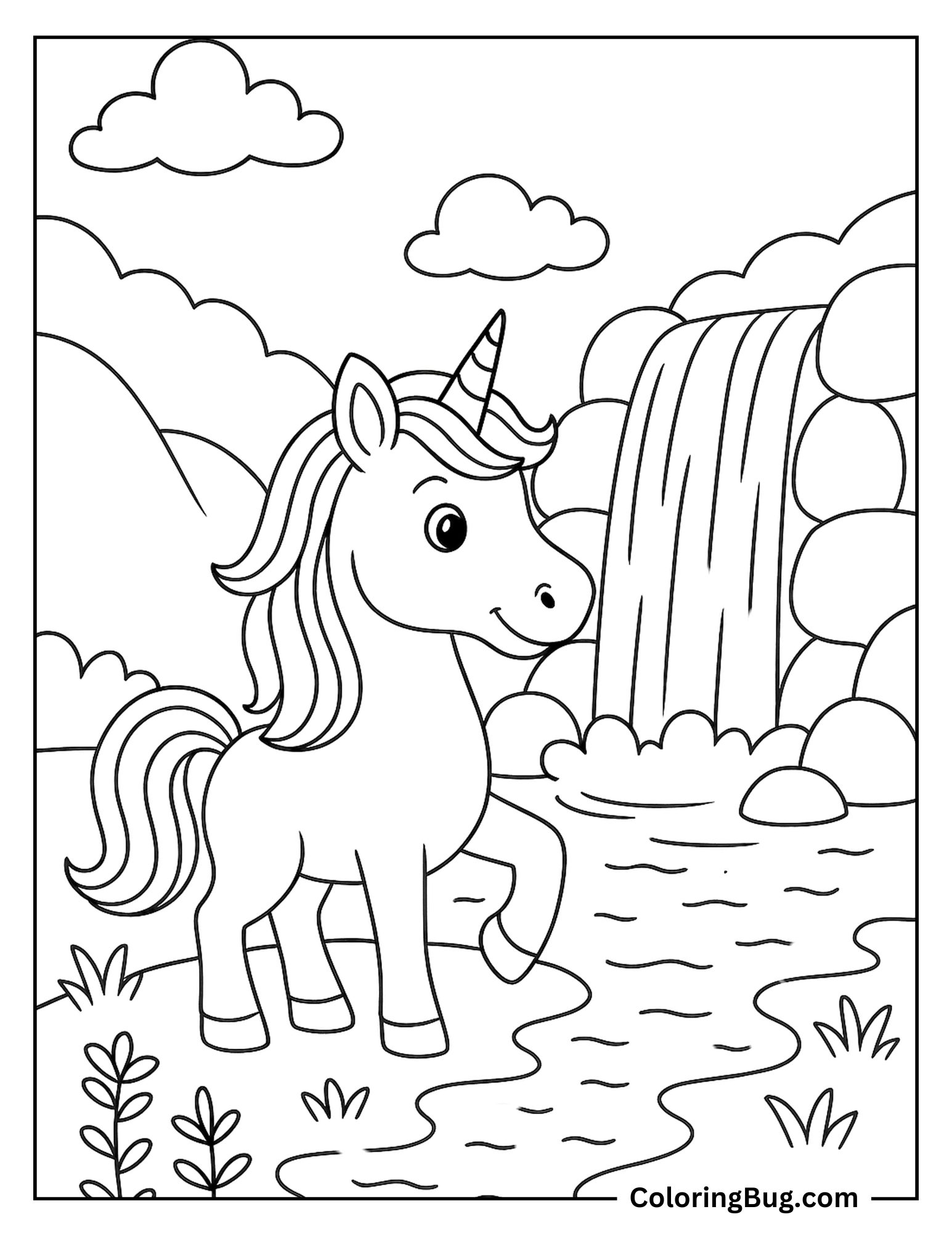 Unicorn by a Shimmering Waterfall Coloring Sheet
