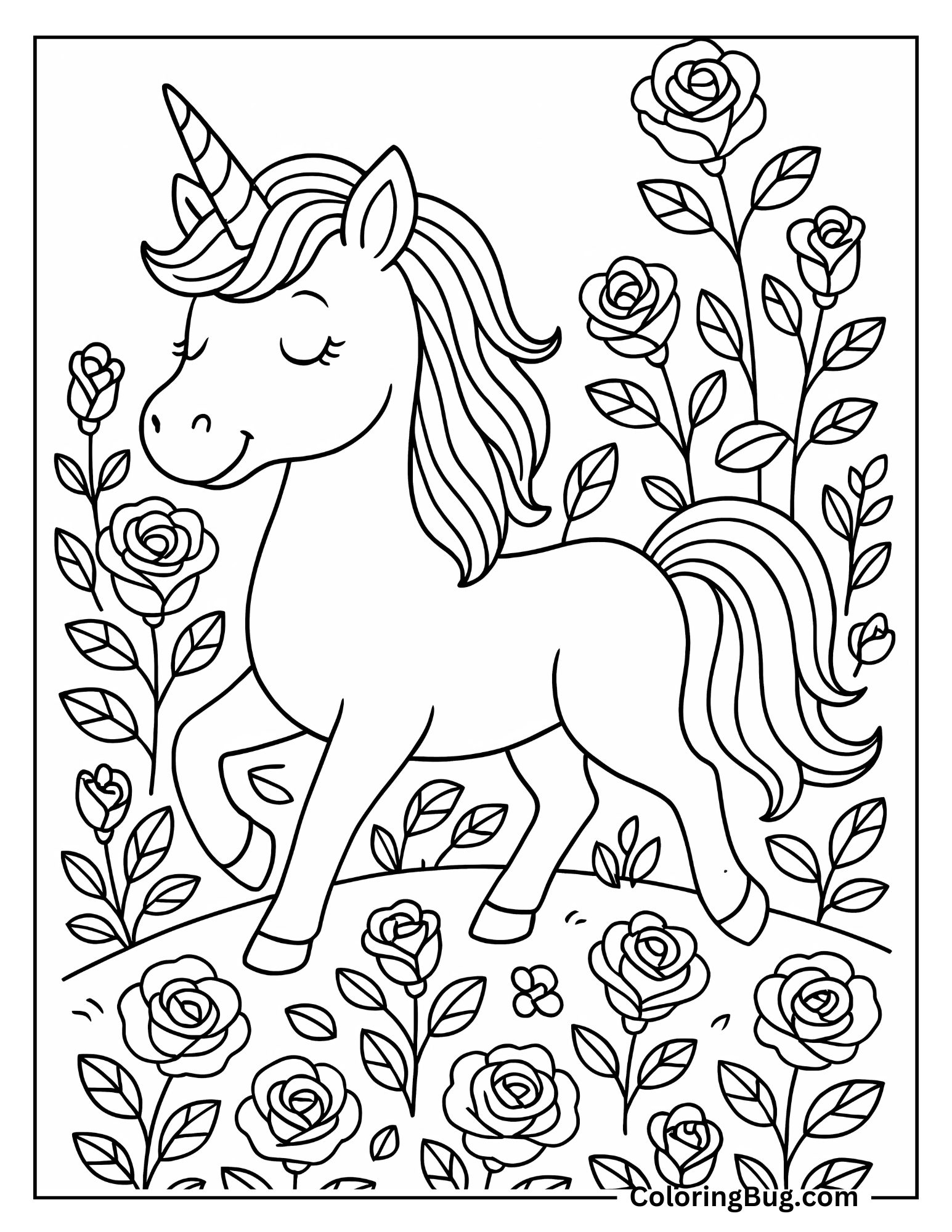 Unicorn in Roses Garden Coloring Sheet