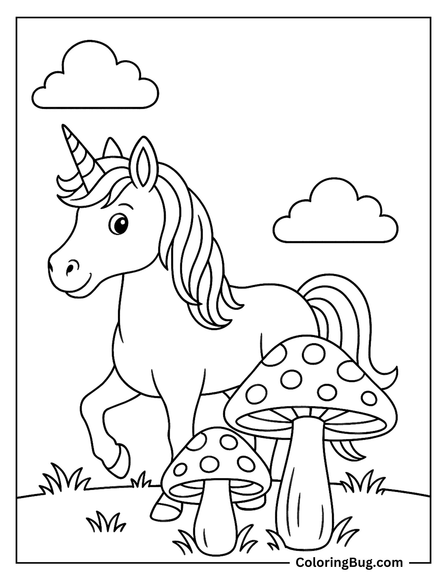 Unicorn with Toadstools Coloring Sheet
