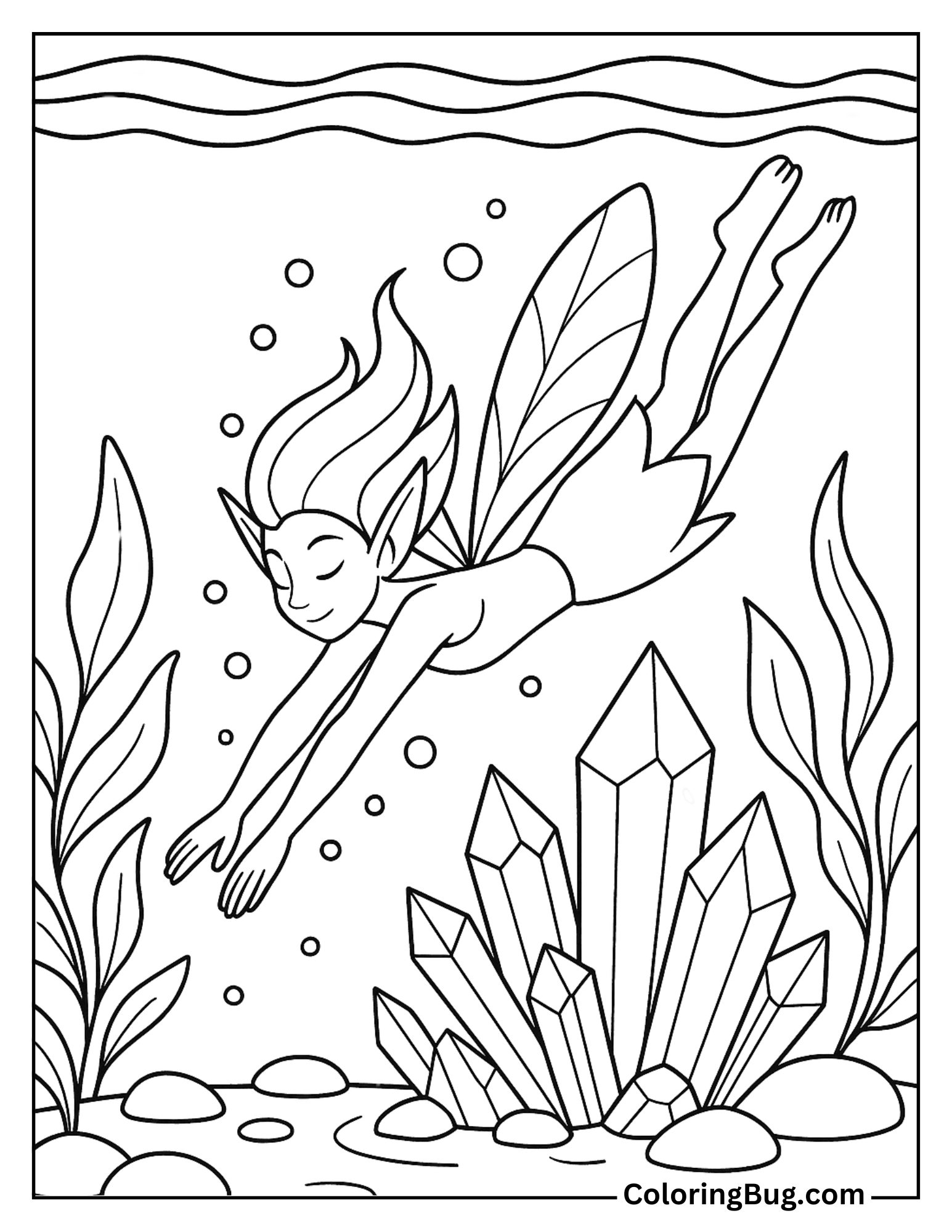 Water Fairy Diving in a Crystal Spring Coloring Sheet