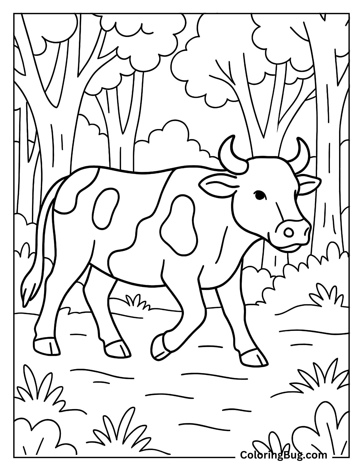 Wild Cow Walking Through Forest Coloring Sheet