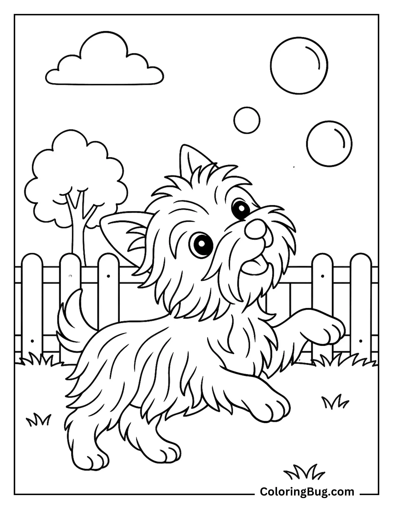 Yorkie Puppy Chasing Bubbles in the Backyard Coloring Sheet