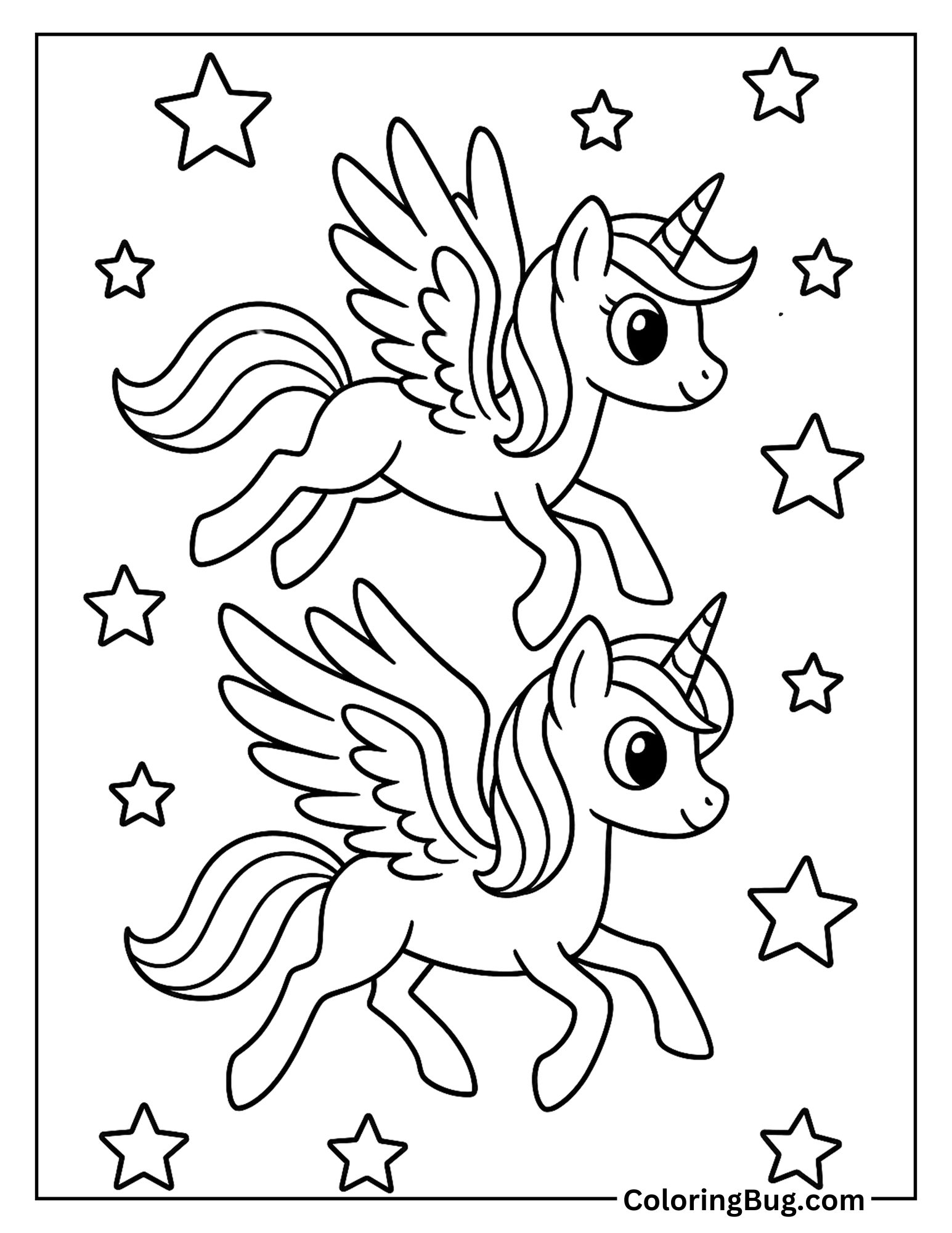 2 Alicorns Flying Together Coloring Sheet