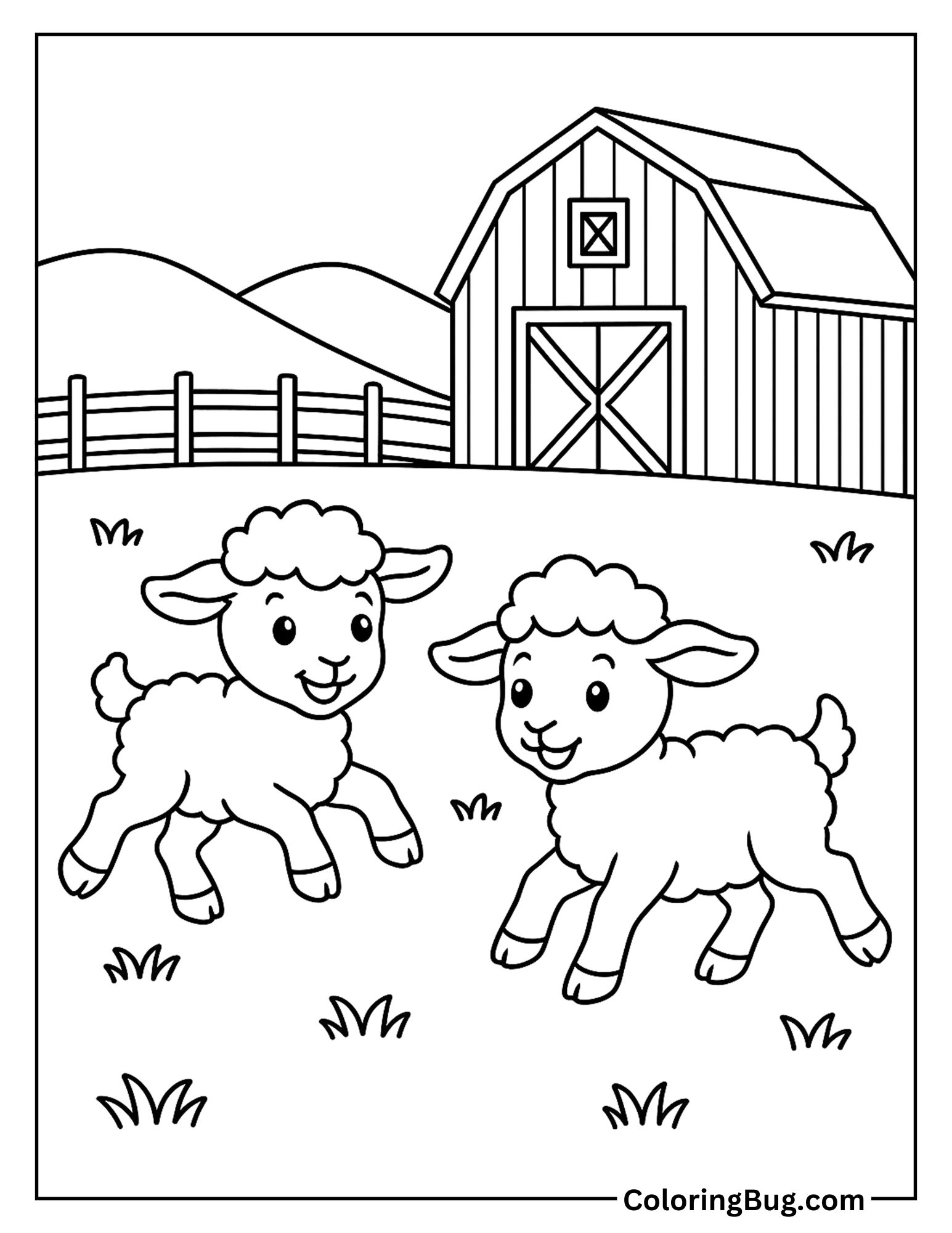 2 Cute Lambs Playing Together Coloring Sheet