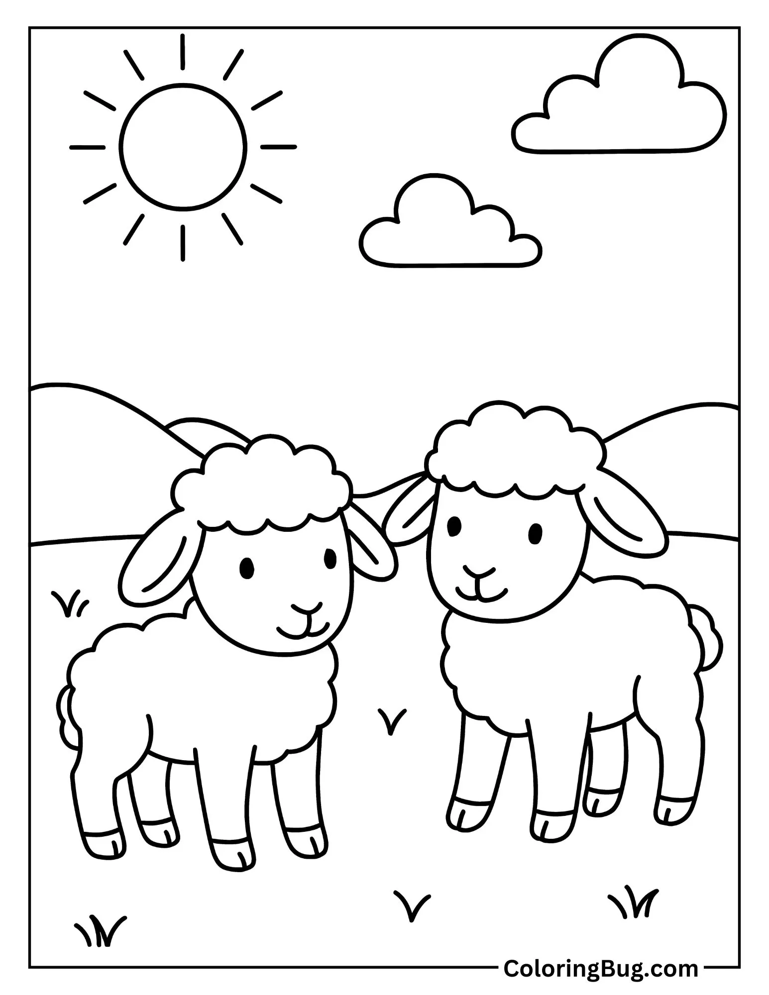 2 Cute Lambs Standing in Meadow Coloring Sheet