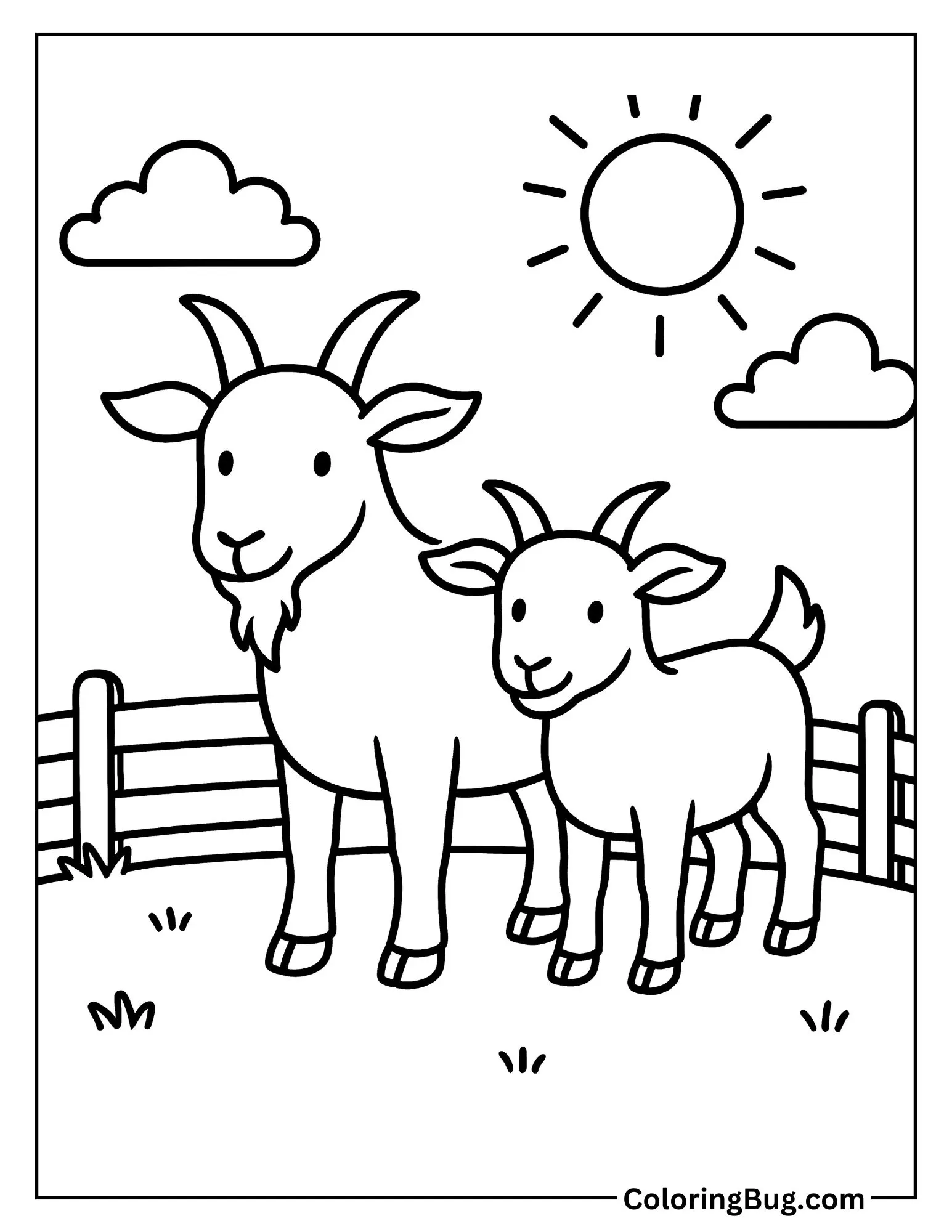 2 Goats Standing Near Fence Coloring Sheet