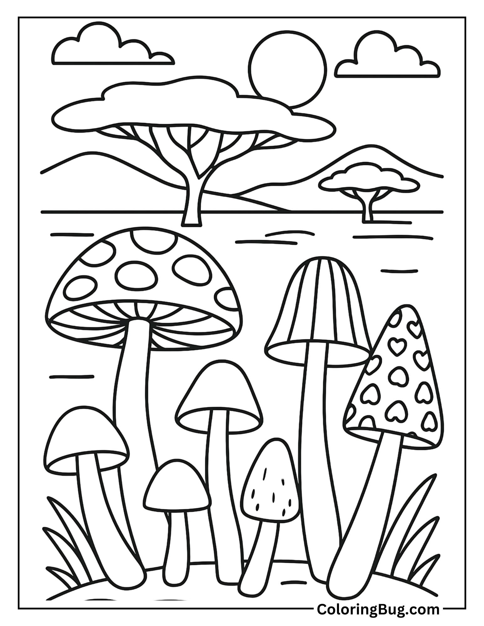 African Savanna with Exotic Mushrooms Coloring Sheet